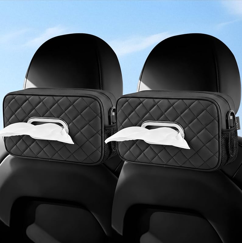 Kit com 2 organizadores de lenços para carro Pcnjozx com bolsos de tela, alças ajustáveis e padrão diamante preto