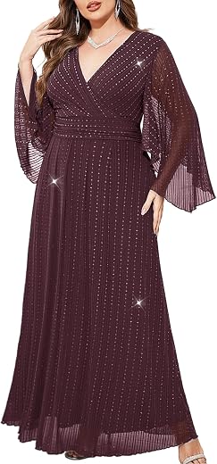 ZOMVA Plus Size Formal Dresses Glitter V Neck A Line Glitter Wrap Dress Evening Cocktail Dress Prom Butterfly Sleeve