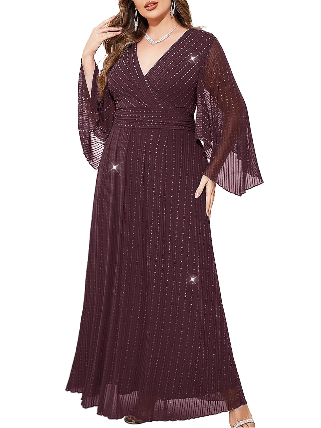 ZOMVA Plus Size Formal Dresses Glitter V Neck A Line Glitter Wrap Dress Evening Cocktail Dress Prom Butterfly Sleeve