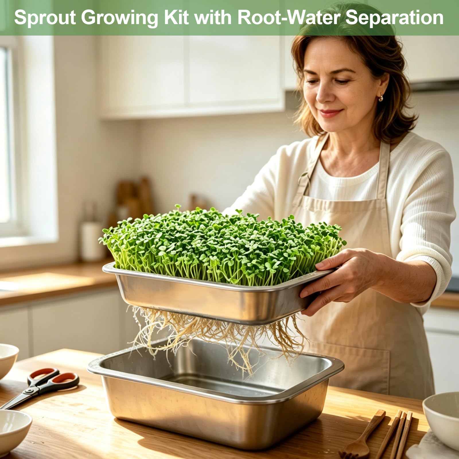 1er Set Sprossen Anzuchtset Edelstahl : 2-in-1 Keimschalen Set für Sprossen mit Silikonsieb & Stoff-26 x 19 cm Microgreens Anzuchtschalen für Katzengras Kresse- Profi Wiederverwendbare Keimschale