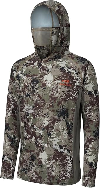 Bassdash UPF 50+ Hommes Chemises de chasse avec masque manches longues Camo Capuche de pêche