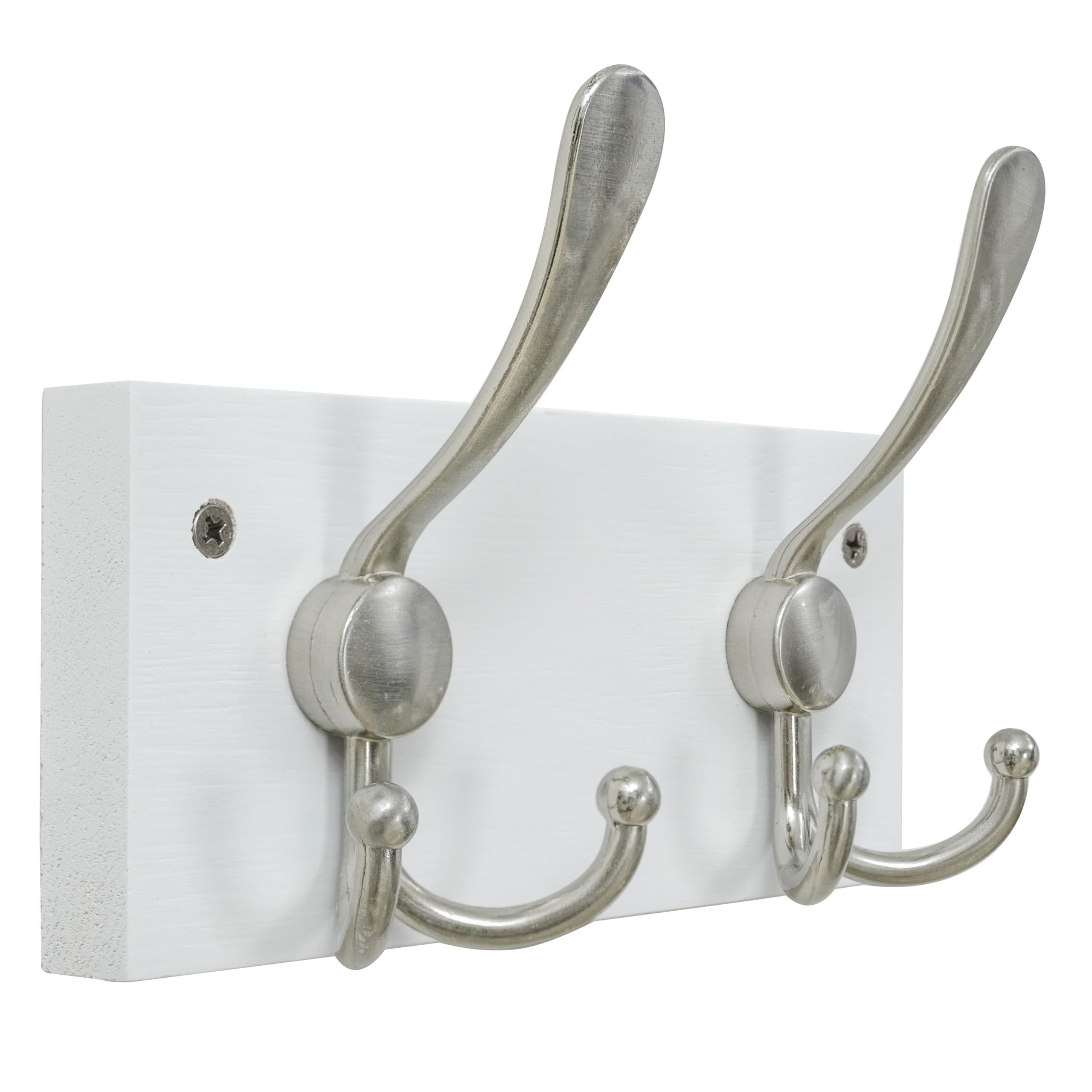 HONSKY Wall Mounted Coat Rack, White Pine Wood Spliced Panel, 2 Nickel Triple Hooks(6 Hanging Points), Sturdy Wall Coat Hanger, Wooden Coat Hooks for Entryway Hallway Bedroom,Easy Install