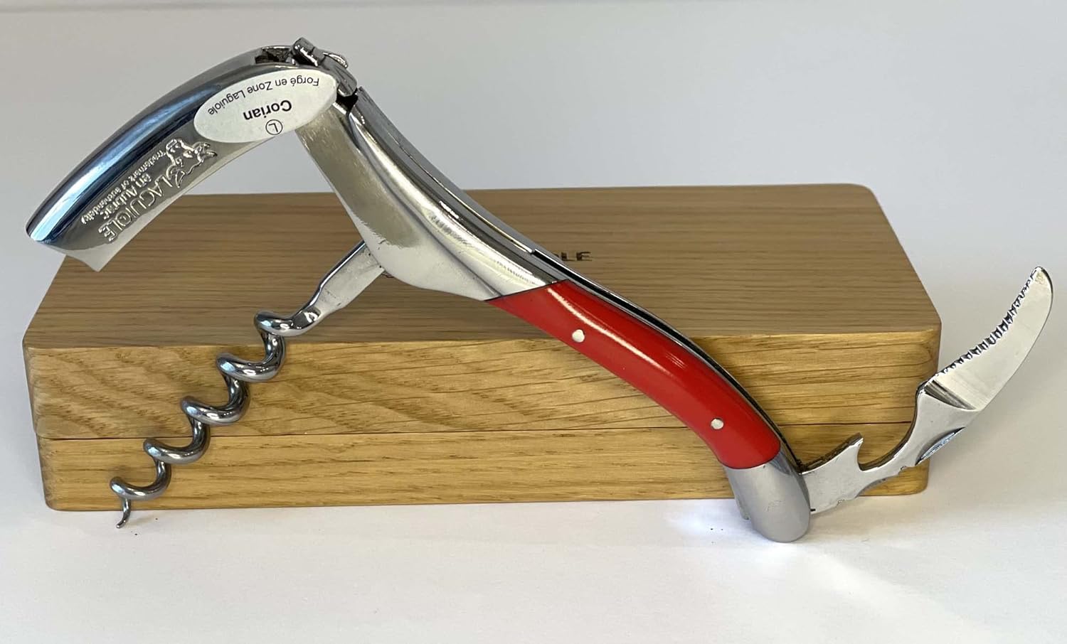 Laguiole En Aubrac Sommelier Waiter's Corkscrew, Corian Handle, Wine Opener With Foil Cutter & Bottle Opener, Stainless Steel Shiny Bolsters (Empire Red Corian)
