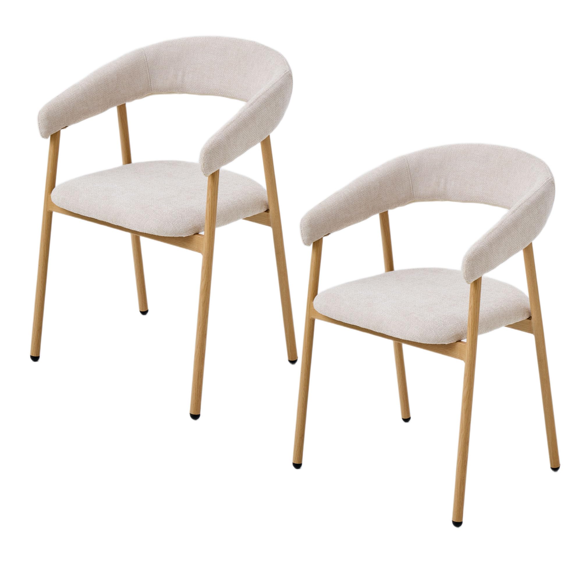 Modern Dining Chairs Set of 4 Ergonomic Chenille Upholstered with Armrest and Curved Back Kitchen Chair Metal Legs with Wood Grain Beige (2, Beige-oak color)