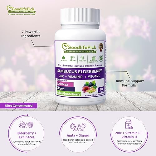 Miniatura 2 de Baya de saúco 7 en 1 con zinc, vitamina C, vitamina D, equinácea, jengibre y grosella espinosa india (Amla). Cápsulas de saúco prémium de 90