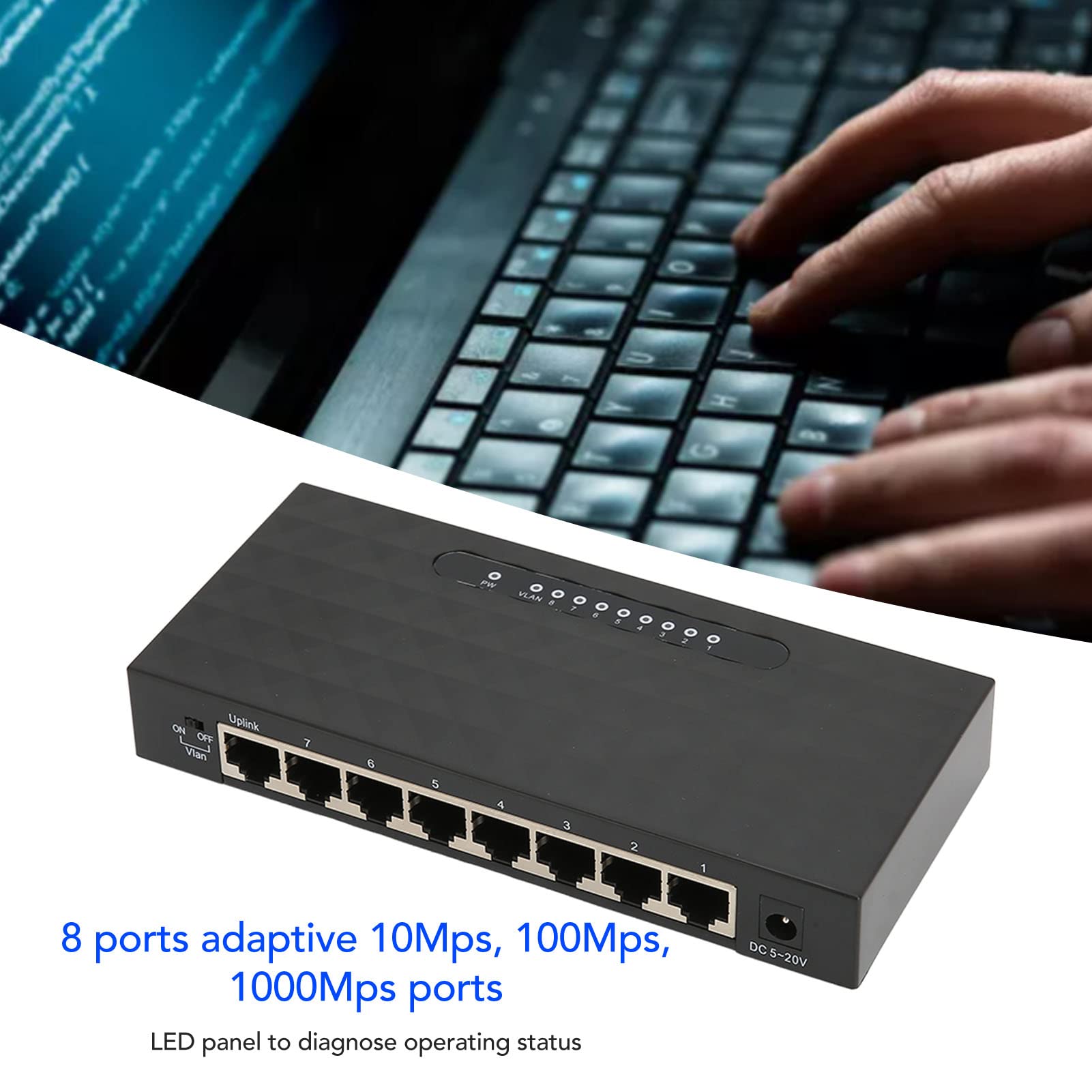 Commutateur Réseau Gigabit 1000Mps, Contrôle de Débit Semi Duplex Mode de Contre Pression Duplex Intégral, 8 Ports 1000Mps, Conception Hautement Intégrée, Adapté Au Bureau 100 à 240V(UE)