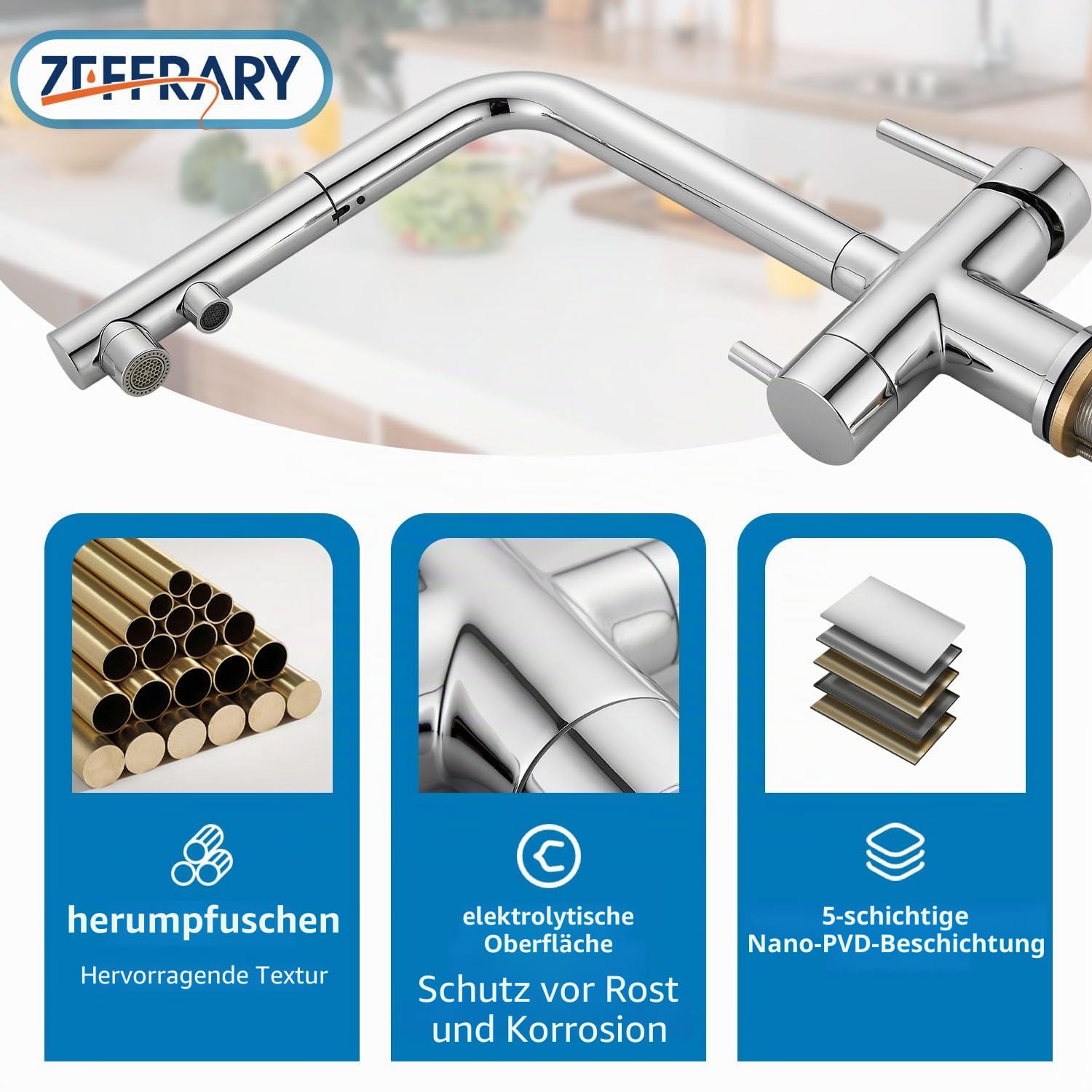 3-Wege-Küchenarmatur, 360° drehbarer Wasserhahn, Mischbatterie für Spüle mit flexiblem Auslauf, Wasserhahn für Küchenspüle für kaltes und warmes Wasser und Filter