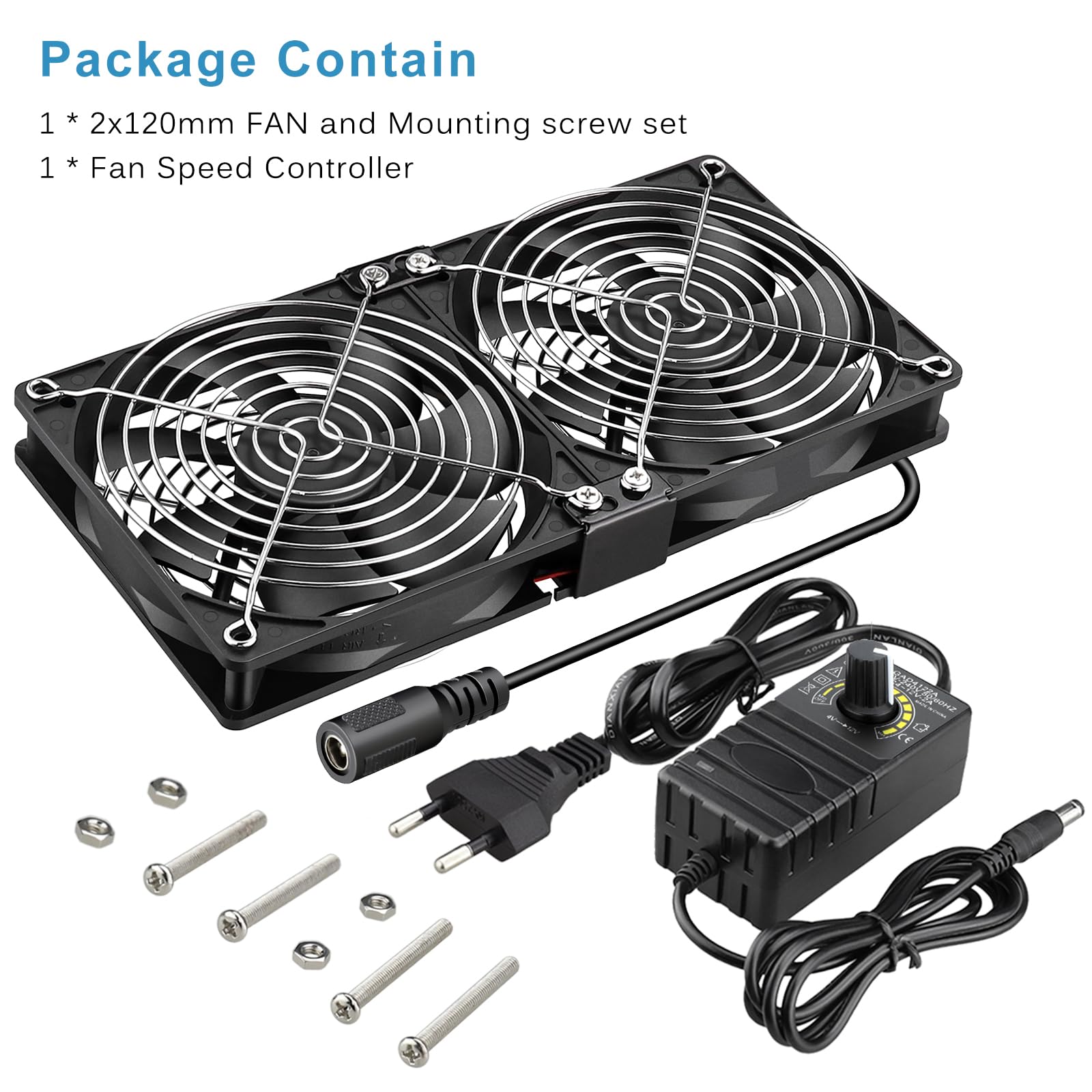 GDSTIME Ventola 240 mm 230 V doppia ventola 2 x 120 mm PC ventilatore 230 V PC 240 mm con DC 4 V – 12 V velocità regolabile per computer laptop