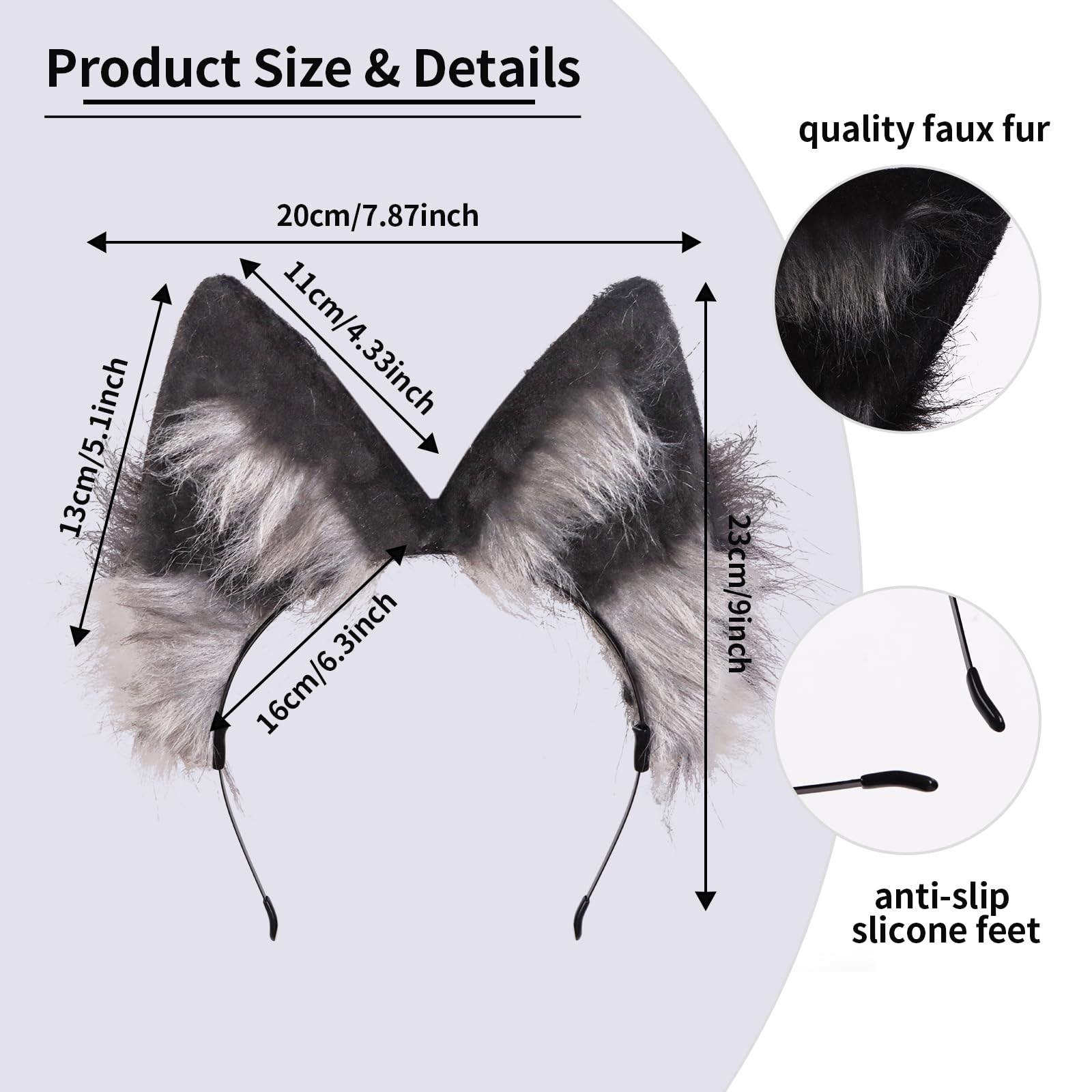 Auliuse Handmade Faux Fur Fox Wolf Ears Headband Furry Animal Ear Hairband Animal Cosplay Hair Hoop Women Men Head Accessories for Cosplay Halloween Costume Anime Dress Grey - Image 2