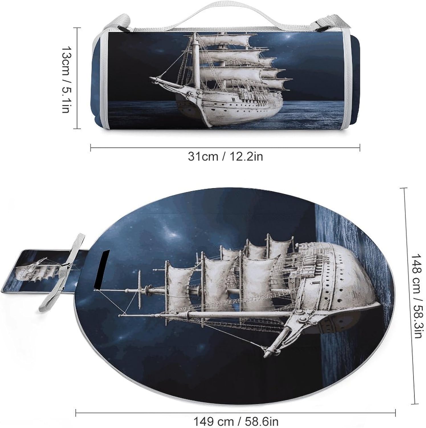 Vintage Nautical White Ship Picnic Mat Lightweight Waterproof Picnic Blankets Extra Large Picnic Outdoor Blankets Foldable Sandproof Beach Blanket for Park Beach Camping Courtyard 58.3''x58.3''