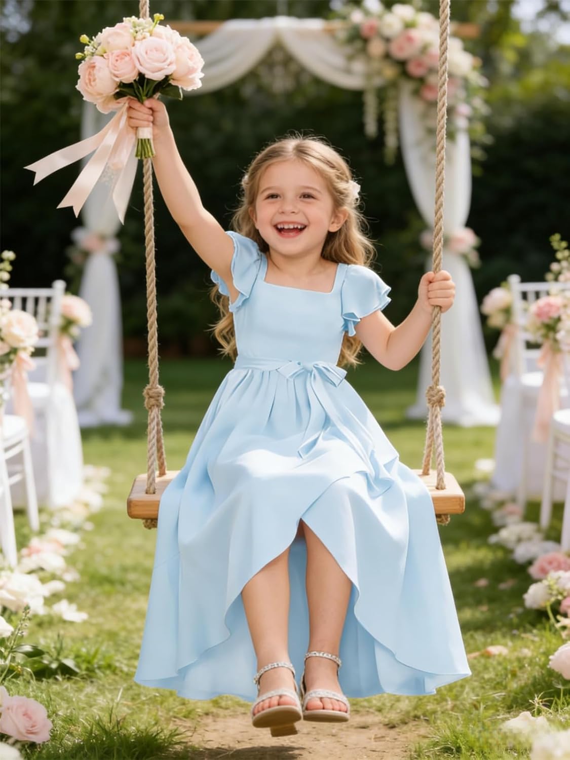 Women's Short Sleeve Chiffon Junior Bridesmaid Dresses for Teens Split A Line Flower Girl Dress with Pockets ASSQ001