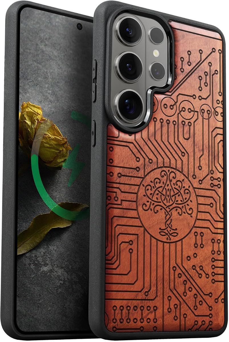 Carveit Wood Case for Galaxy S26 Ultra, Digital Tree of Life, Rosy | Magnetic Samsung Galaxy S26 Ultra Case Compatible with MagSafe Wireless Chargers, Engraved Wood & Soft TPU Shockproof Bumper