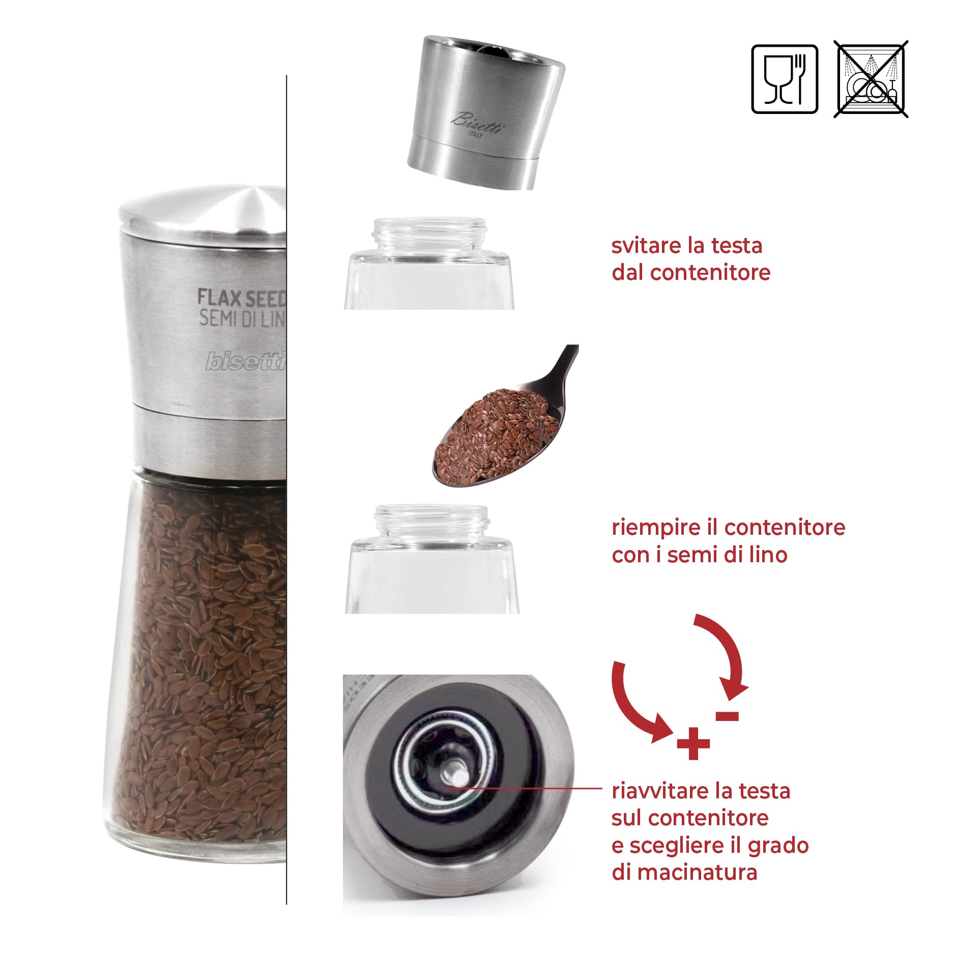 Macina Semi di Lino Manuale in Vetro e Acciaio Inossidabile da 14,5 cm, Macina Spezie Manuale La Spezia, Made in Italy, Trita Spezie Resistente, Duraturo e Elegante per la Tua Cucina - BISETTI
