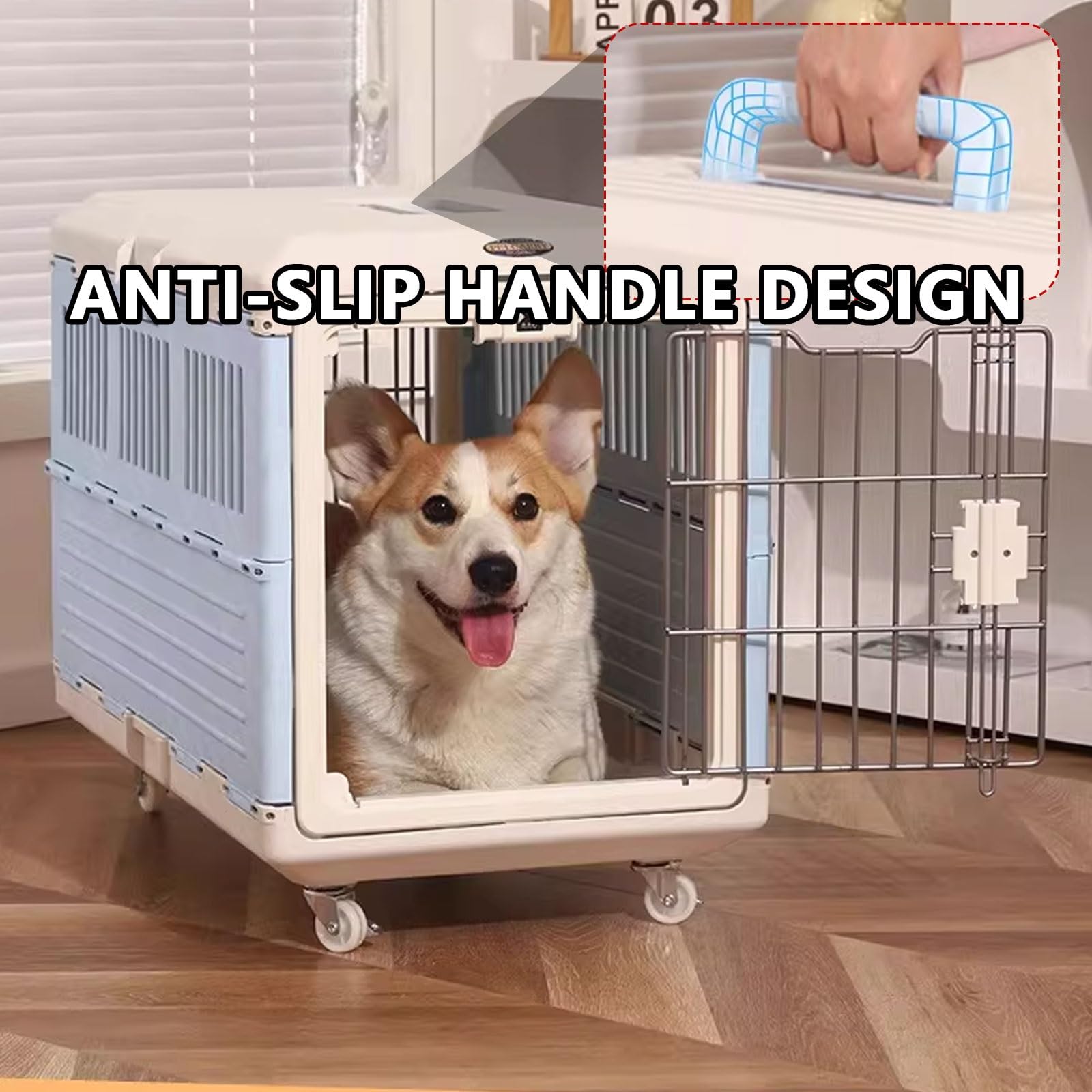 Gabbia per cani pieghevole con design di ventilazione, realizzata in materiale PP, include tracolla, ruote e maniglia per cani e gatti di piccola taglia