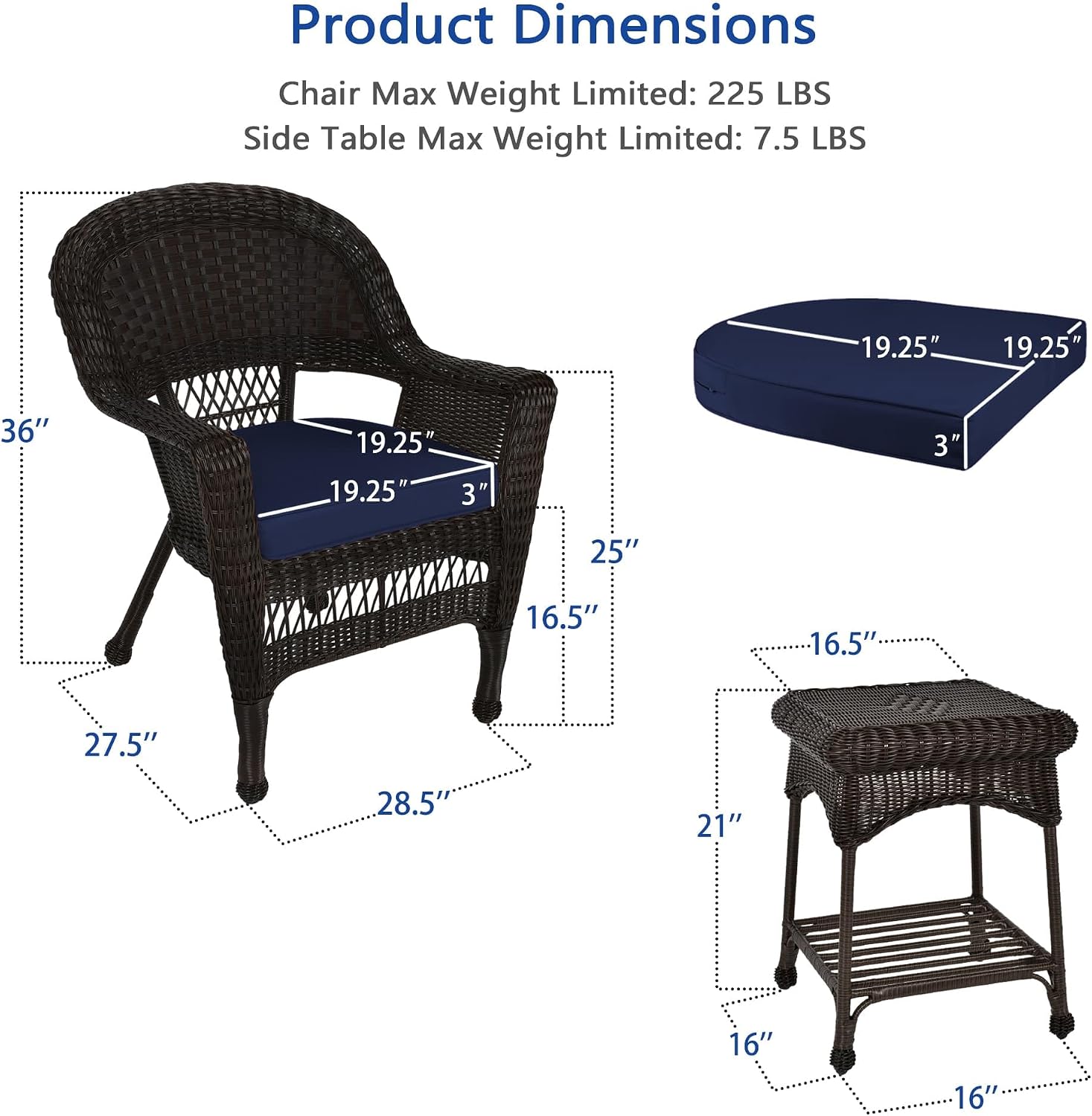 Jeco 3 Piece Wicker End Table Set with Blue Chair Cushion, Espresso