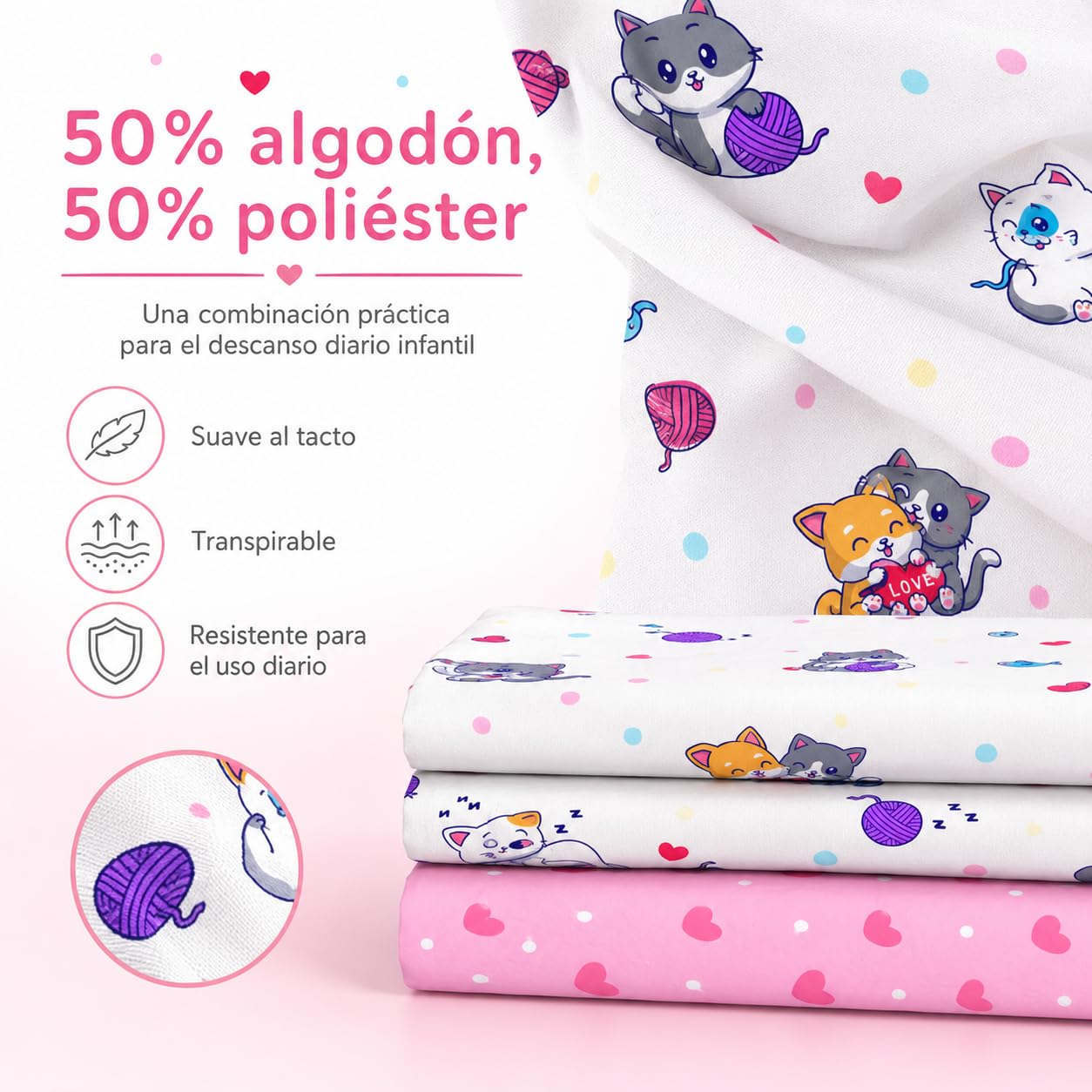 various Juego de Sábanas Infantiles Cama 90 cm Gatitos Rosa | 3 piezas, bajera ajustable, encimera y funda,50% algodón, 50% poliéster, uso diario infantil