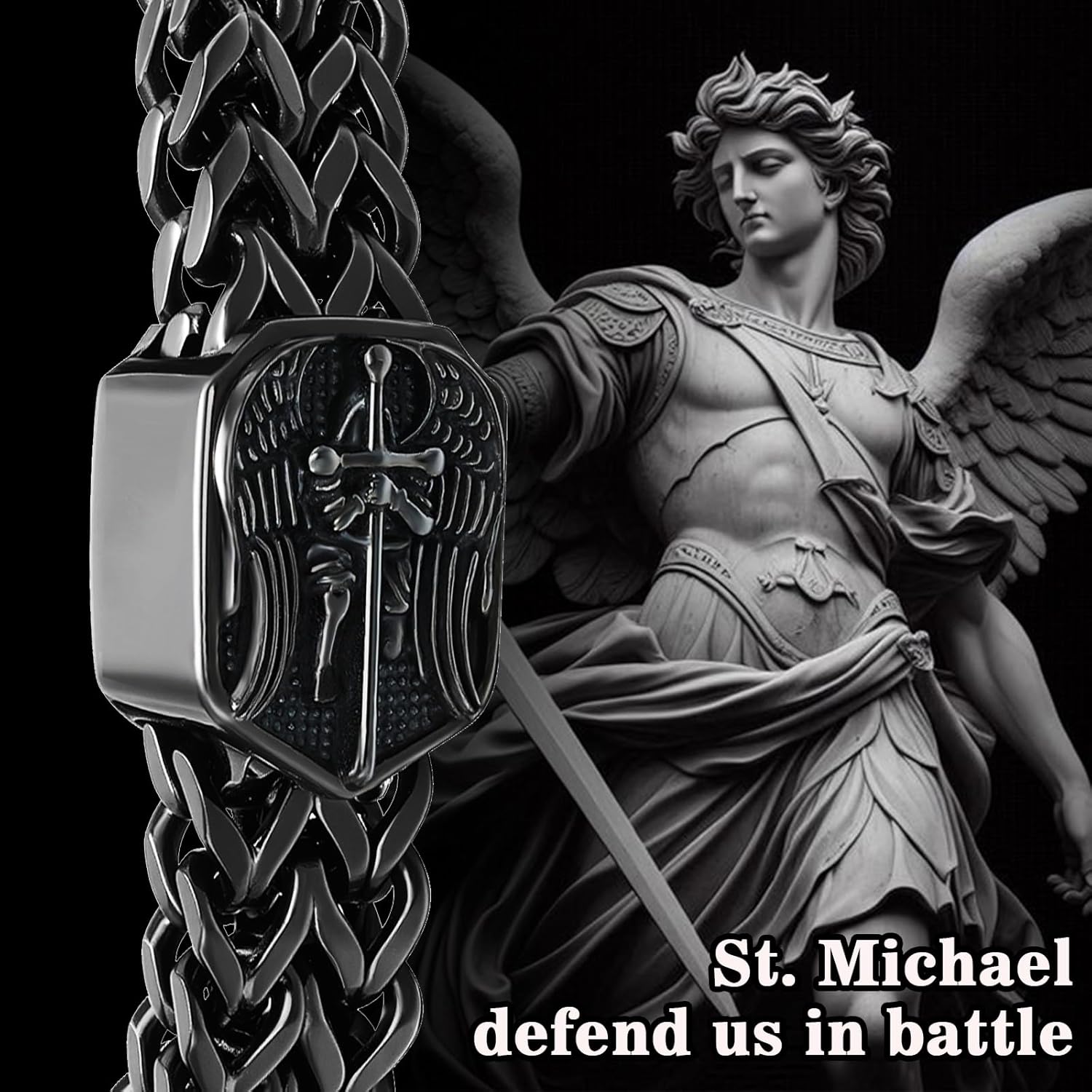 Saint Michael Men's Bracelet,Stainless Steel Archangel Michael Christian Bracelet,Black Adjustable Faith Jewelry Gifts for Husband Father Boyfriend on Birthday Baptism Easter Day
