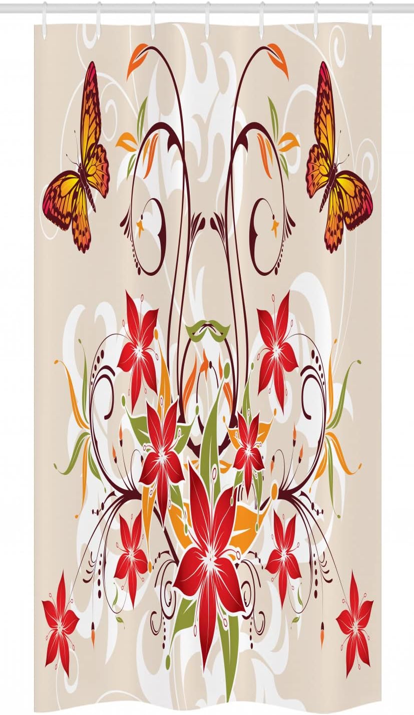 Ambesonne Floral Stall Shower Curtain, Butterflies and Flourishing Swirled Blossoms Bouquet Botany Image, Fabric Bathroom Decor Set with Hooks, 36" W x 72" L, Beige Green Red
