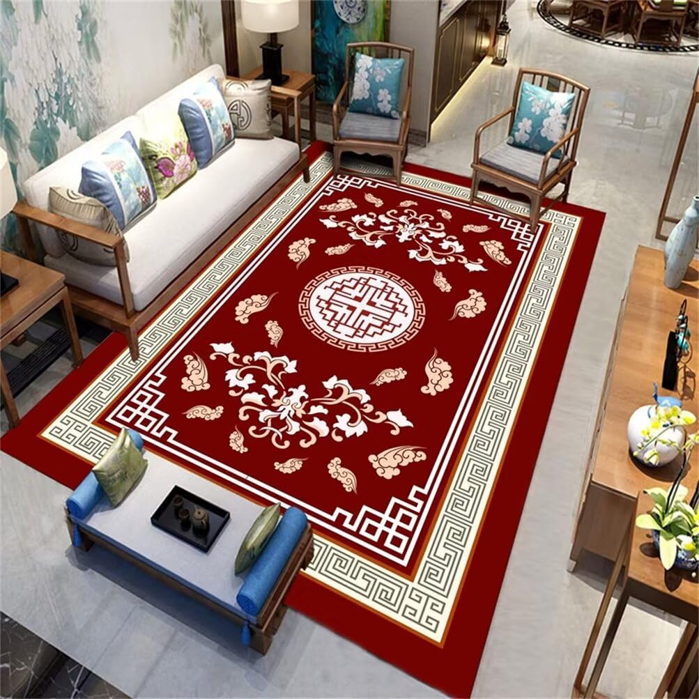 Tapis rectangulaire 160x210cm floral vintage rouge pour salon et chambre