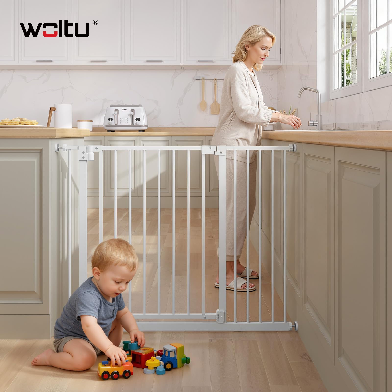 WOLTU Barrera Seguridad Infantil, Apertura de 75-107 cm, Barrera para Niños y Bebé, Barandilla Escalera Seguridad, Valla Metálica para Perros, Doble Bloqueo, Blanco