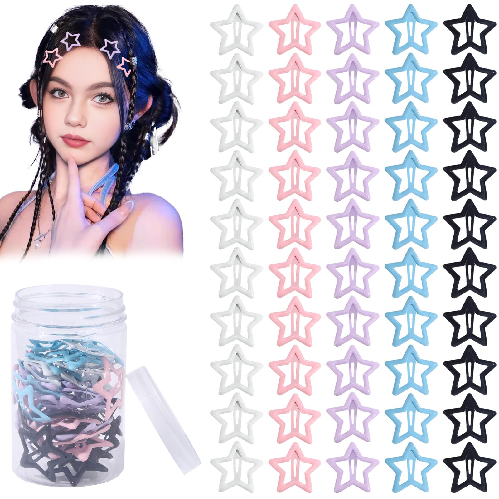 Photo 1 of ** SIMILAR IMAGE***Drnytunk 50pcs Cute Star Hair Clips - Metal Snap Non Slip Star Barrettes for Women - Black, White, Pink, Purple, Blue
