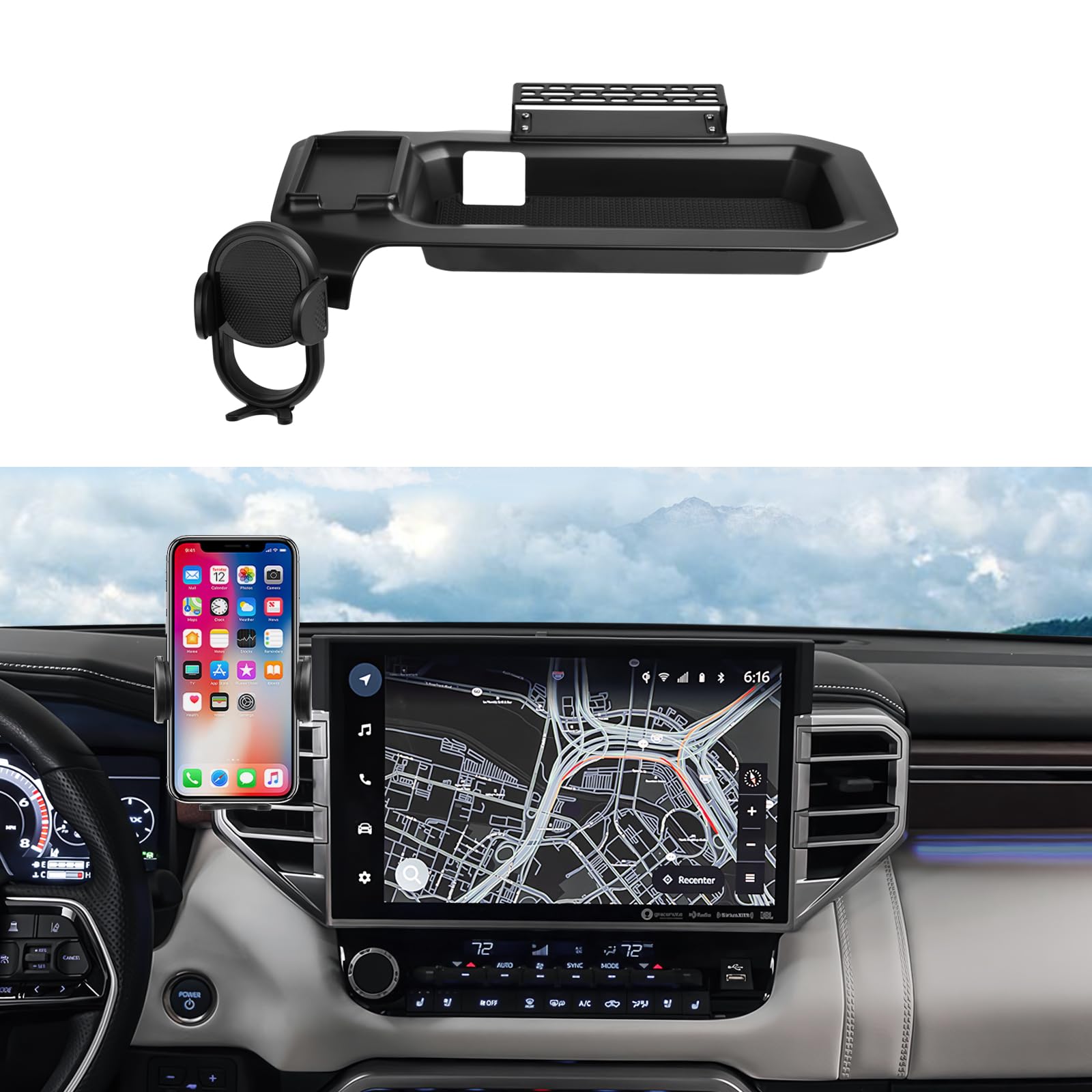 Autorder Phone Holder for Toyota Tundra 2022-2025 2026/Sequoia 2023-2025 2026 Accessories Center Console Dashboard Organizer with Gopro Mount and Card Slot 360° Rotation Phone Mount Stand