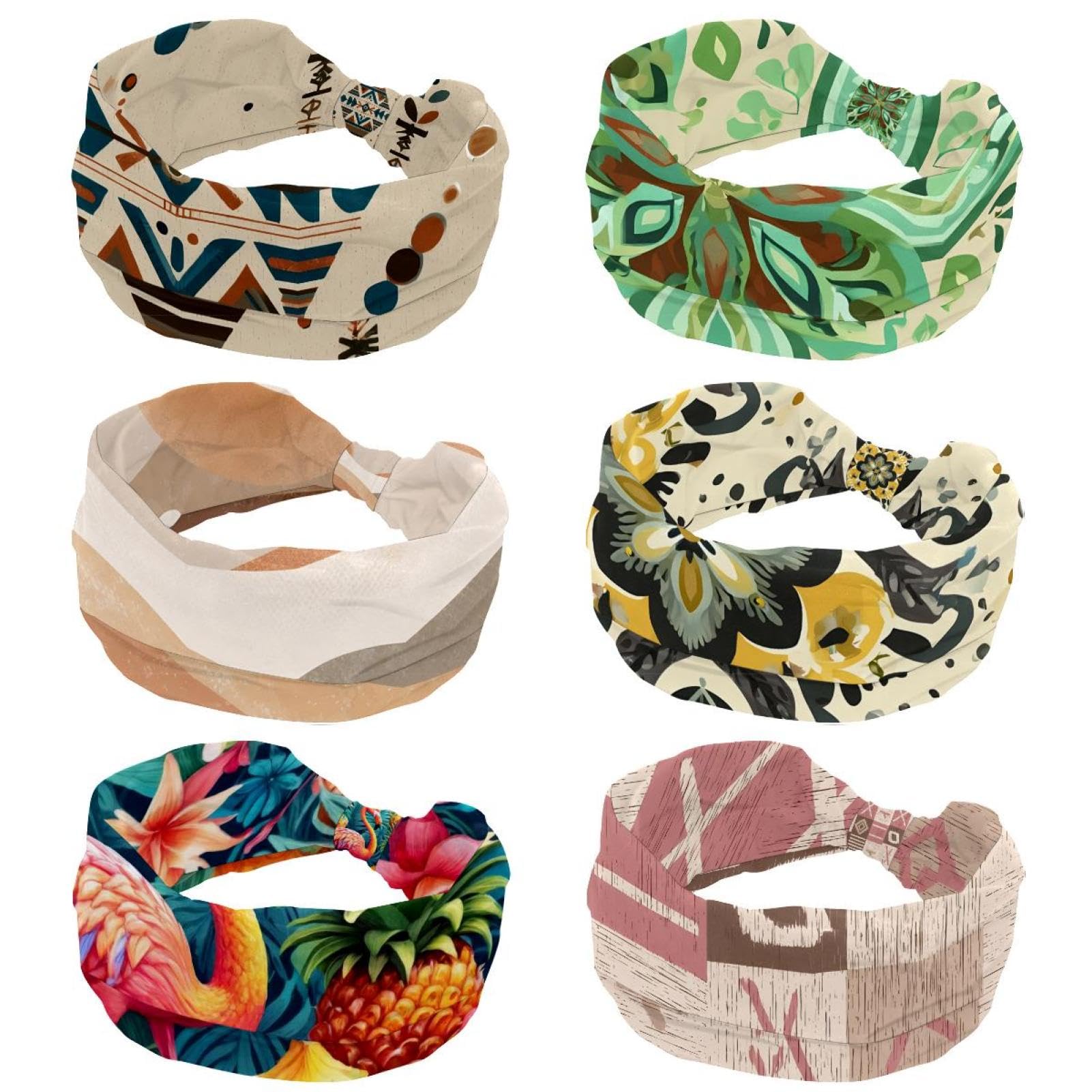 Lot de 6 bandeaux larges en bois vintage avec fleurs sauvages sur fond bleu pour femme - Turban antidérapant - Pour yoga, sueur, sport, entraînement