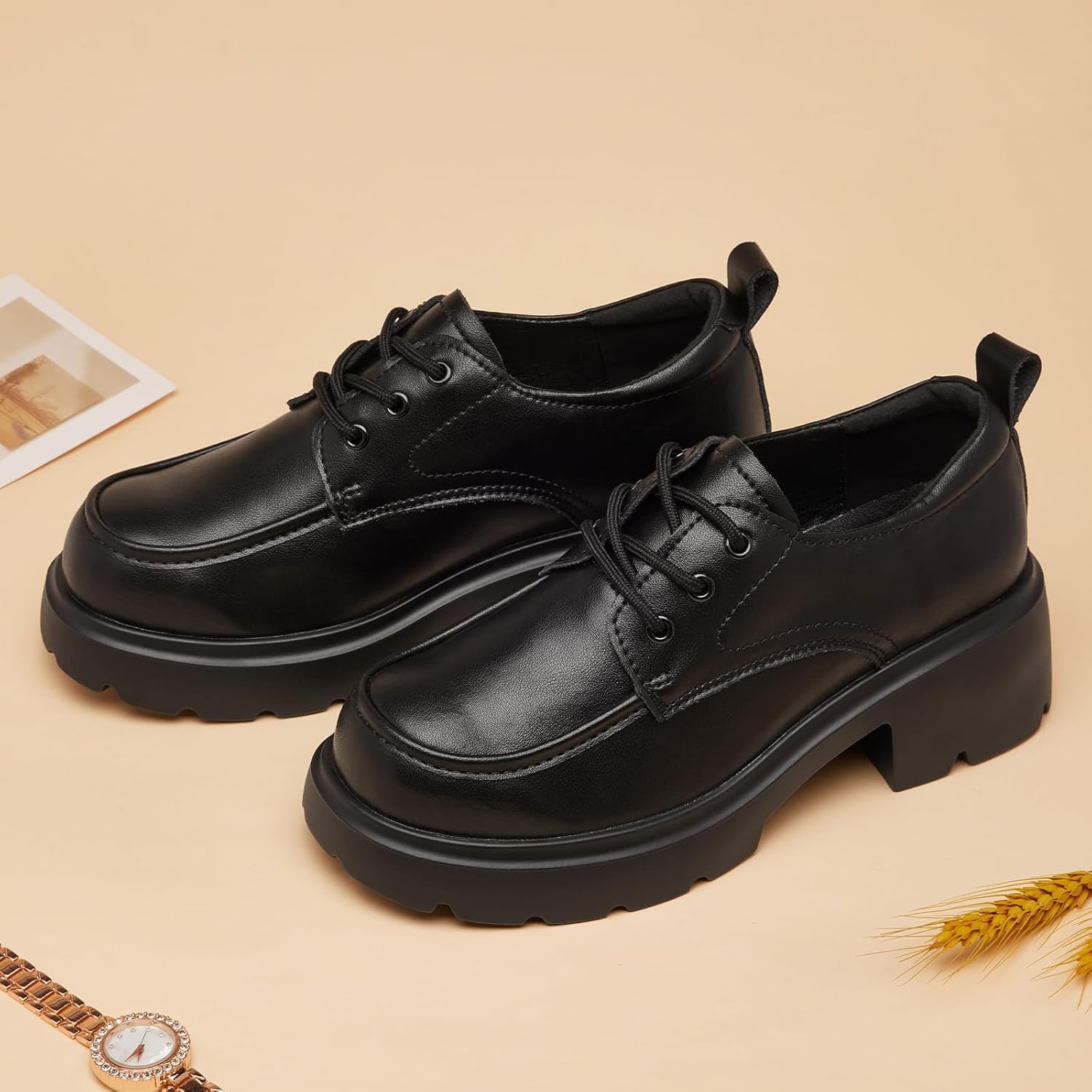 Oxford Shoes for Women Platform Chunky Loafers Lace Up Casual Business Work Shoes - Image 3
