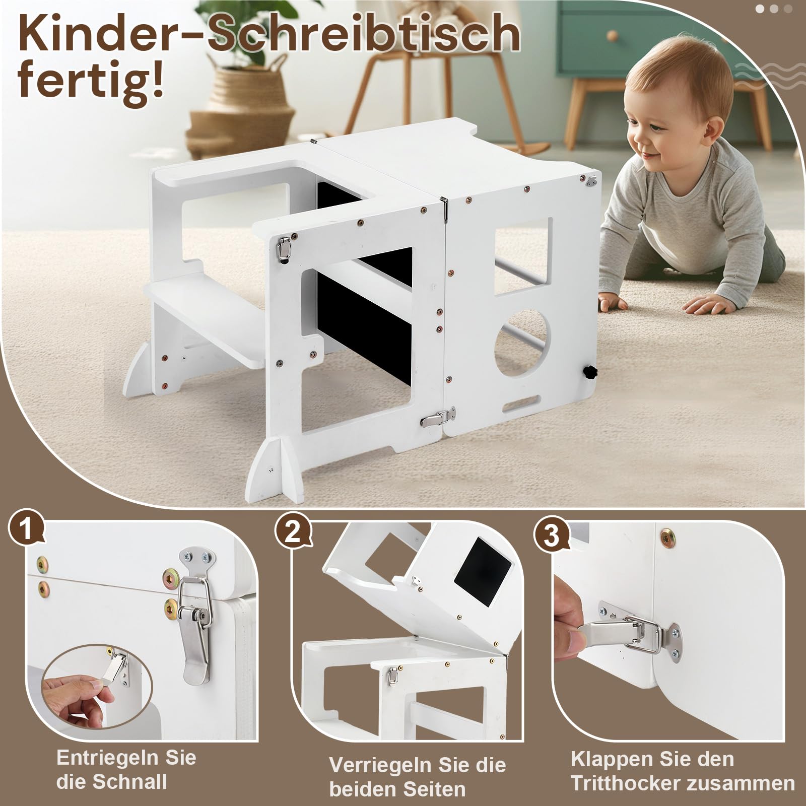 LEADZM Lernturm ab 1 Jahr，Lernturm Klappbar，Montessori Spielzeug ab 1 Küche | Jahr，Learning Tower，für Tisch Bad(Weiß