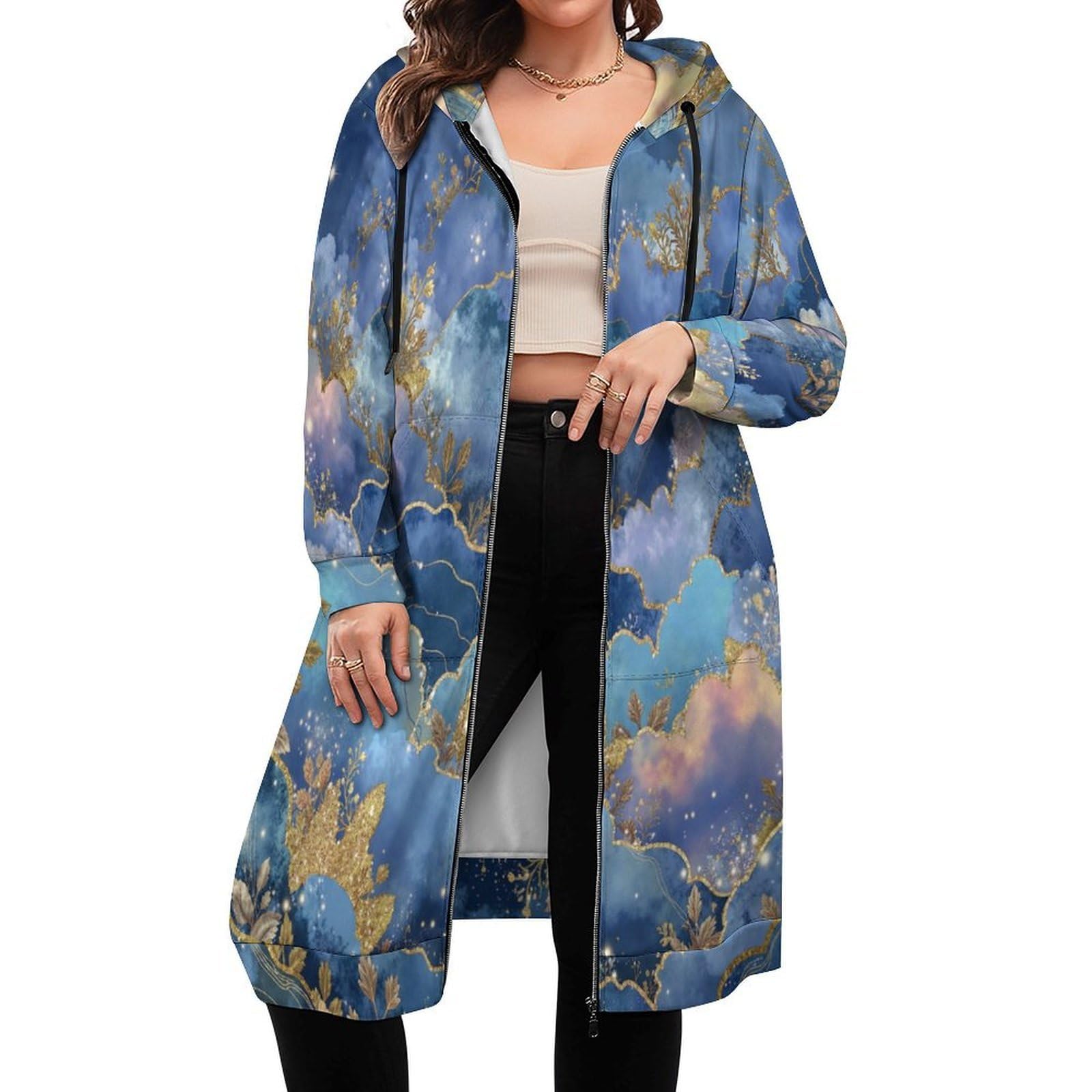 Felpa Donna con Zip Felpe Sportiva con Tasche E Cappuccio Cielo Stellato Design delle Nuvole Morbida Invernale Giacca Regolabile Blu Confortevole per Uso Quotidiano Casual