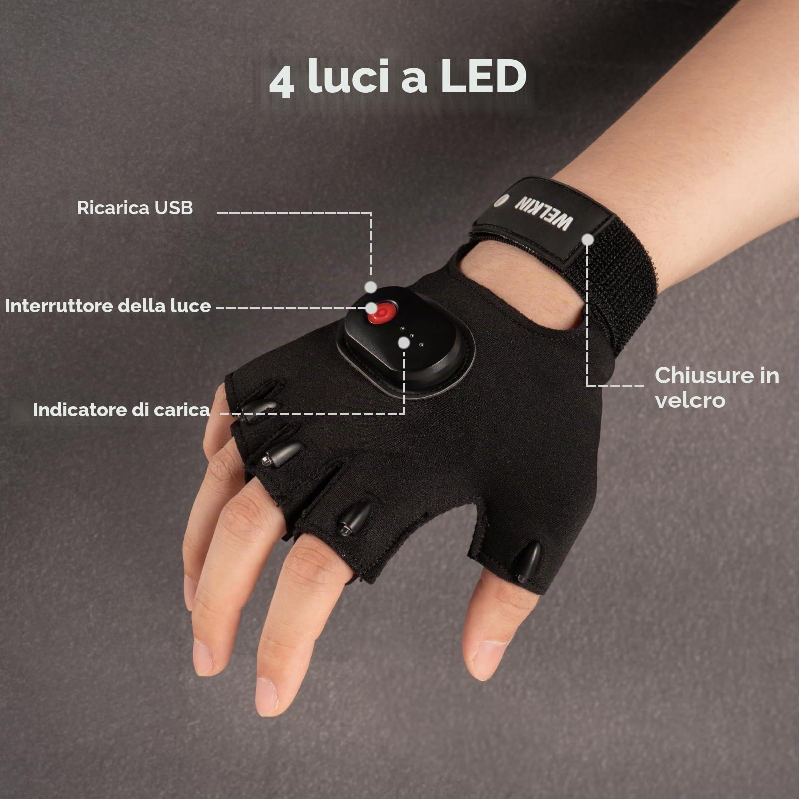 WELKIN Guanti a LED con luce, luci ricaricabili, regali per uomini, luci senza mani per pesca, lunga standby