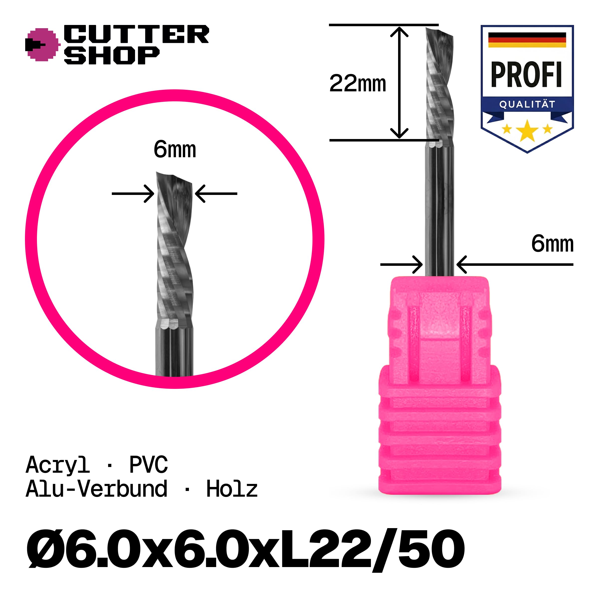 Frez CNC do drewna i tworzyw sztucznych – Down-Cut (wióry w dół), jednoostrzowy, spiralny, HRC65 | Seria PD – D6.0x6.0xL22/50