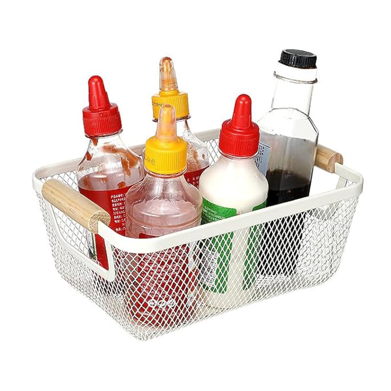 2er-Set Netz Stahl Lagerung Aufbewahrungskorb mit Holz Henkel, Rechteck Multifunktionaler Metalldraht Hängende Küchenkörbe Obstkorb für Küche, Bad, Speisekammer, Schrankhaus, Einkaufen, Weiß
