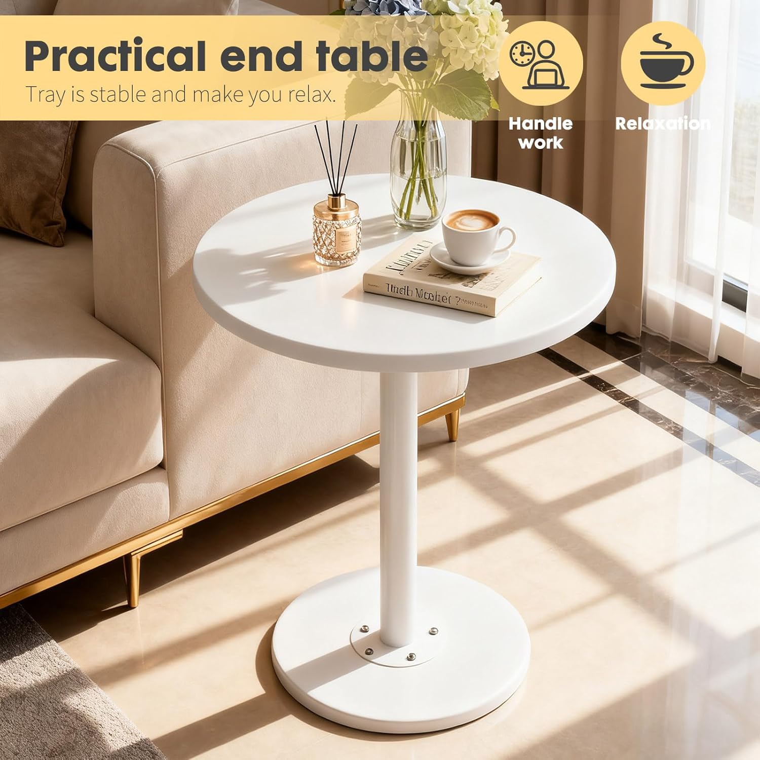 Round Side Table,End Table,Coffee Table,Small Round Side Table with Marble Grain for Living Room,Bedroom Office and Small Spaces,Wood Base,Easy Assembly (White)