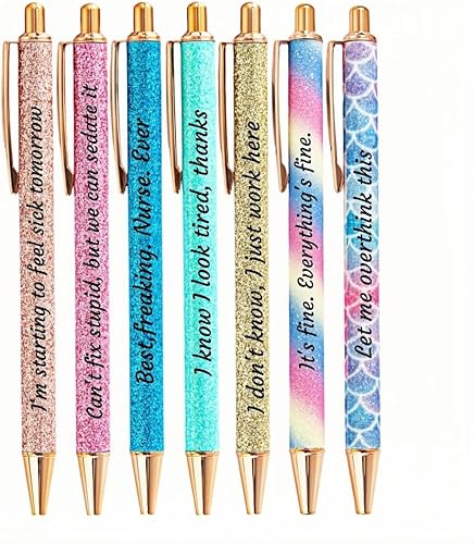 Juego de 7 bolígrafos divertidos para uso diario diferentes palabras que describen la mentalidad cómoda escritura de tinta negra punta media 0039in
