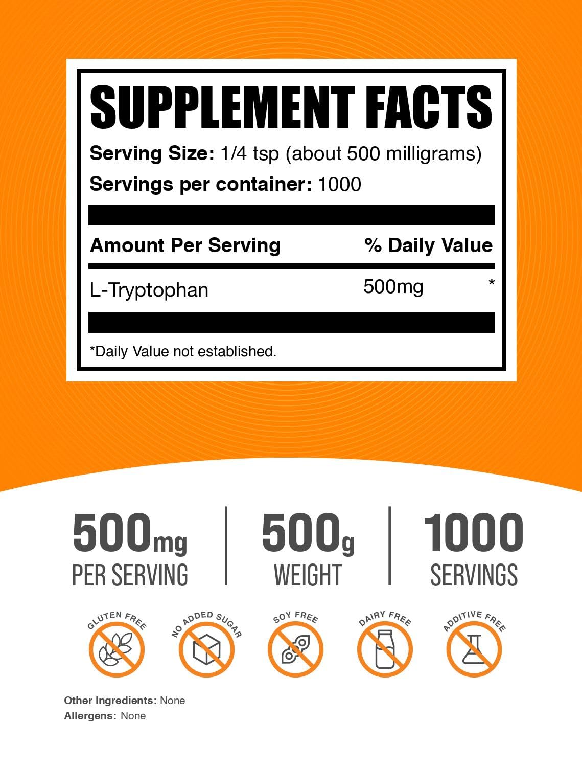 BulkSupplements.com L-Tryptophan Powder - Tryptophan Supplement, Amino Acid Supplement - Gluten Free, 500mg per Serving, 500g (1.1 lbs) (Pack of 1) — Amazon image 2