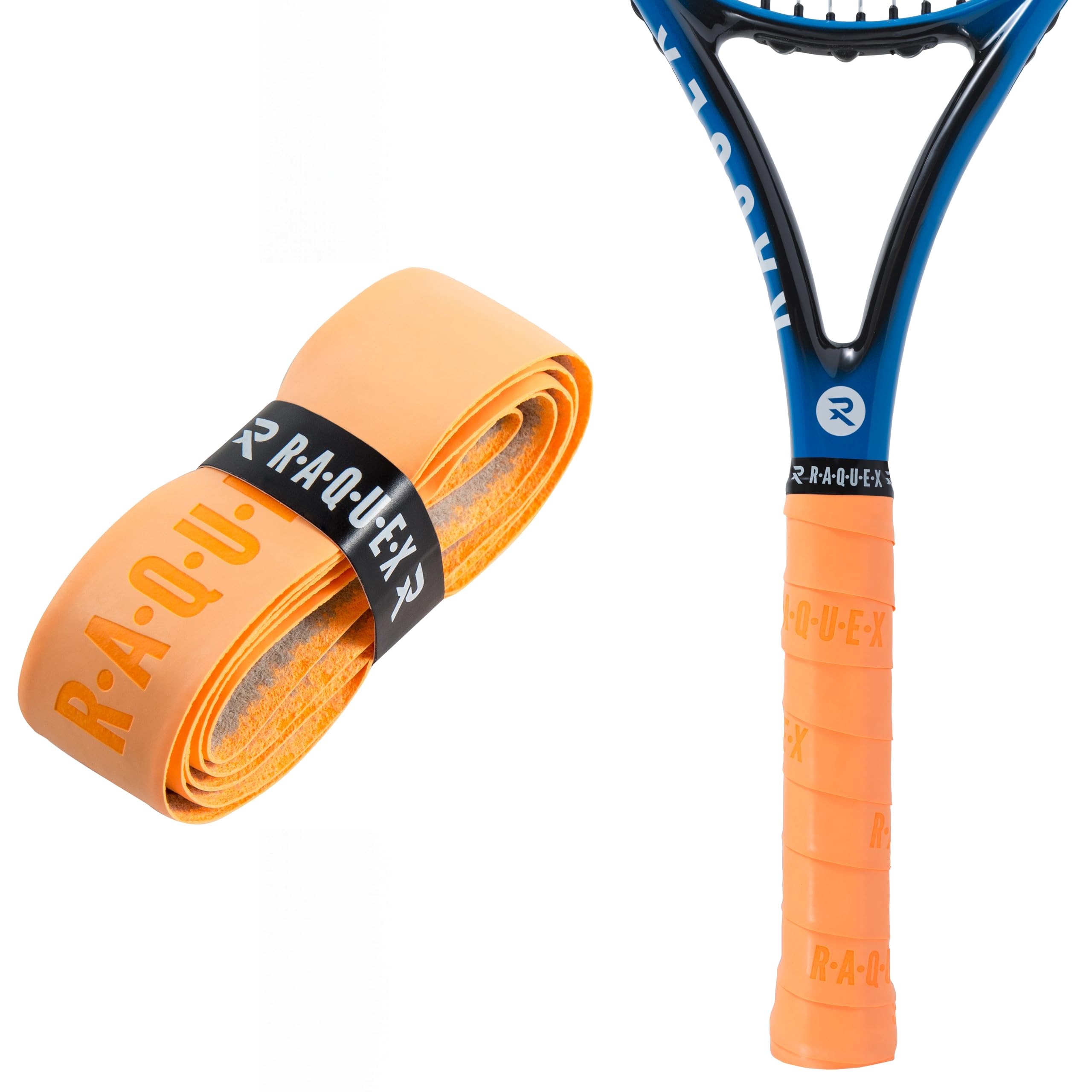 Raquex Enhance Replacement Racket Grip: Tennis Grip, Badminton, Squash Grip Tape, Padel, Pickleball. 14 Colours. Premium, Self-Adhesive Tennis Racquet Grip with Finishing Tape (Orange, 4 Grips)