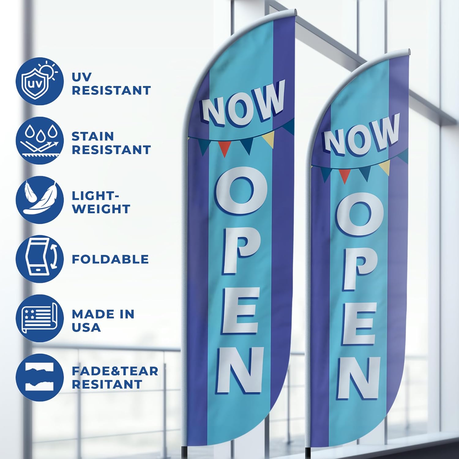 Now Open Feather Flag(11.5feetX2.5feet) by DreamController | Outdoor Business Advertising Tall Flag | Weather-Resistant Knitted Swooper Display | Made in USA | HD Print (Flag Only).