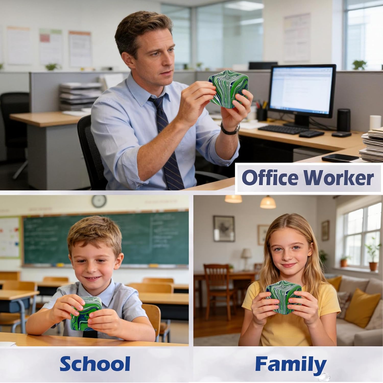 Adult-Size Flow 7cm Stress Cube – Larger Than Mini Squishy Cubes, Slow-Rise Sensory Fidget for Stress Relief, Focus & Light Hand Exercise – Safe for Ages 3+ (Green)