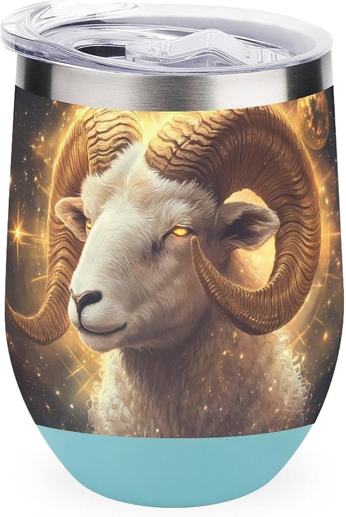 Zodiac Sign Aries Golden 12oz Wine Tumbler With Lid Stainless Steel Cup Insulated Double Wall Coffee Mug