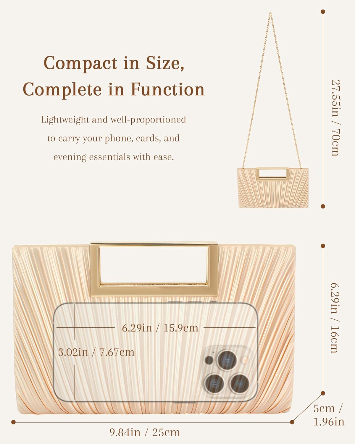 Gold Clutch Evening Bags for Women - Champagne Pleated Satin Purse, Formal Wedding Handbag with Scalloped Fan Clasp