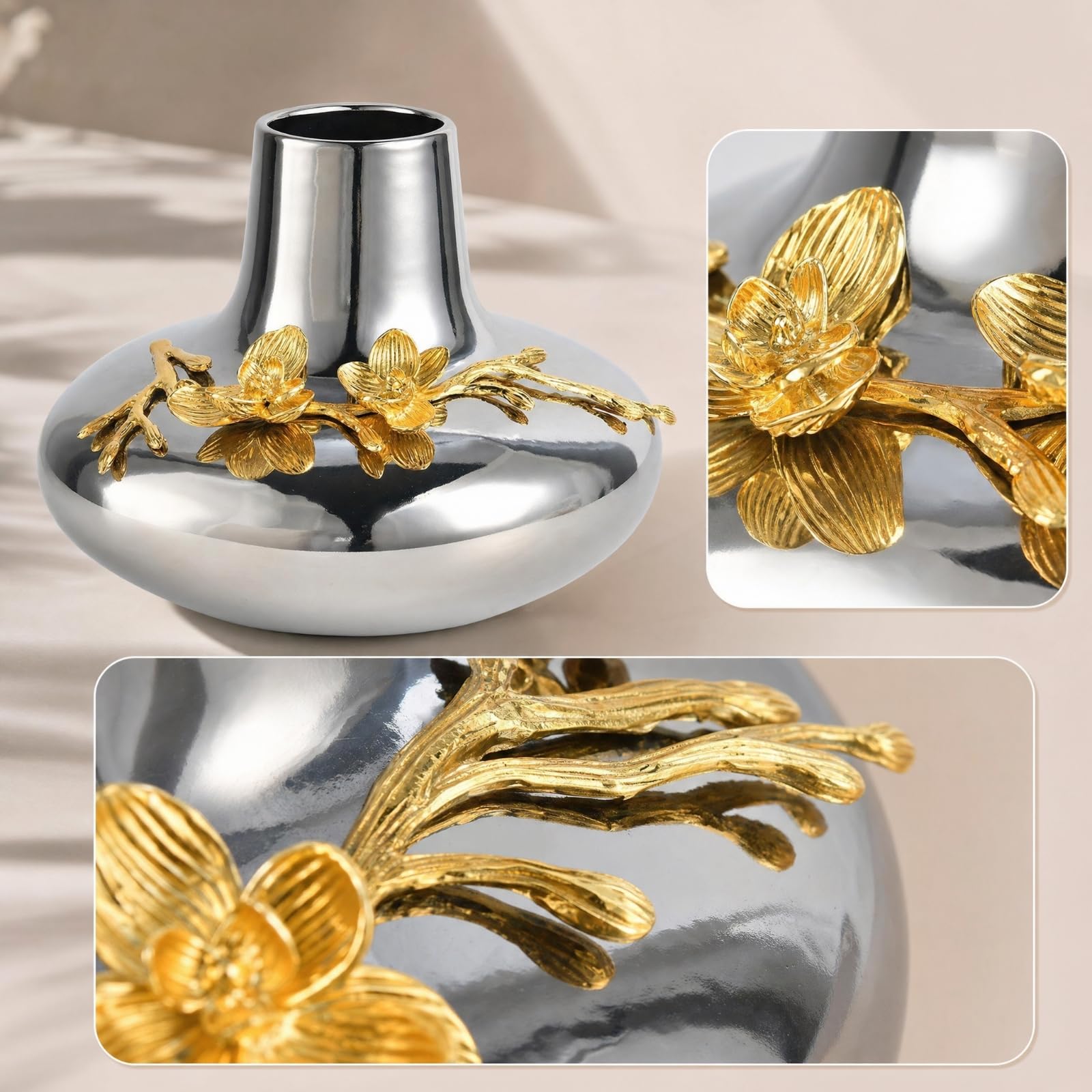 predolo Florero con Acabado Plateado Elegante Jarrón con Cuello Estrecho Dorado Jarrones para Mesa Centro