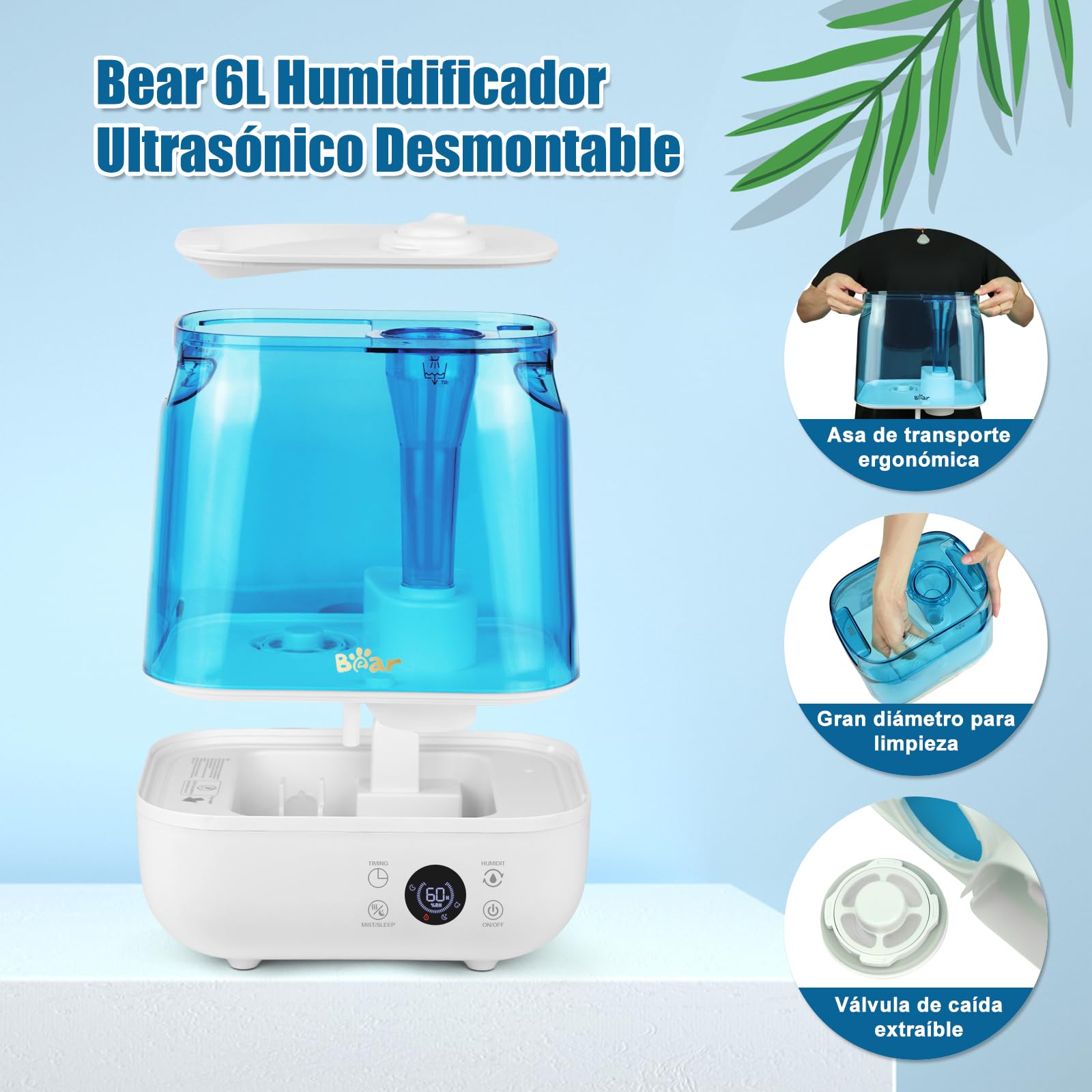 Bear Humidificador 6L Top Fill Humidifier, Temporizador, Modo Sleep, Humedad Constante, Disco Aromático, Boquilla Doble Giratoria 360°, 28db Ultra Silencioso