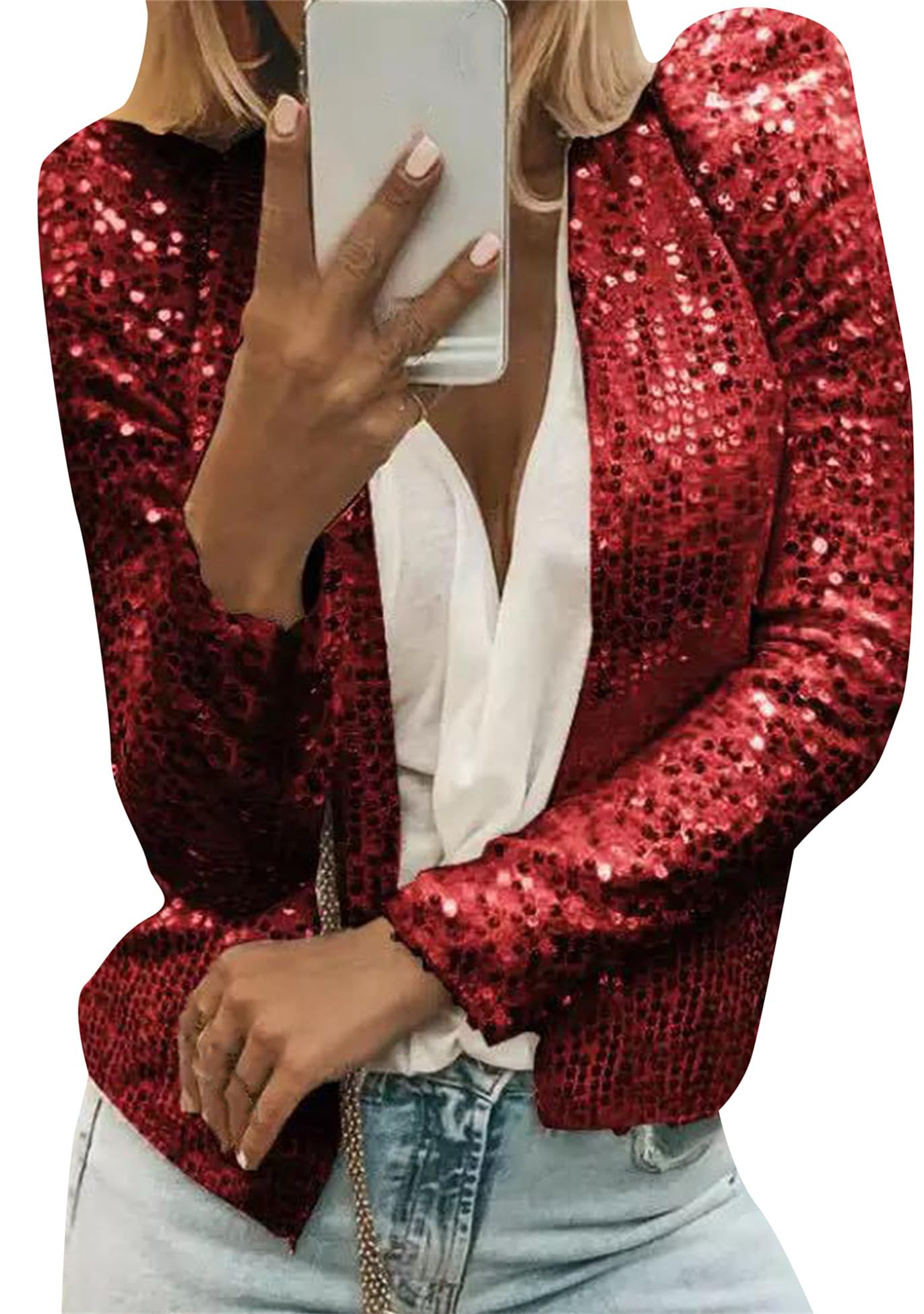 GRASWE Womens Sparkly Sequin Open Front Blazer Coats Puff Long Sleeve Crop Jacket