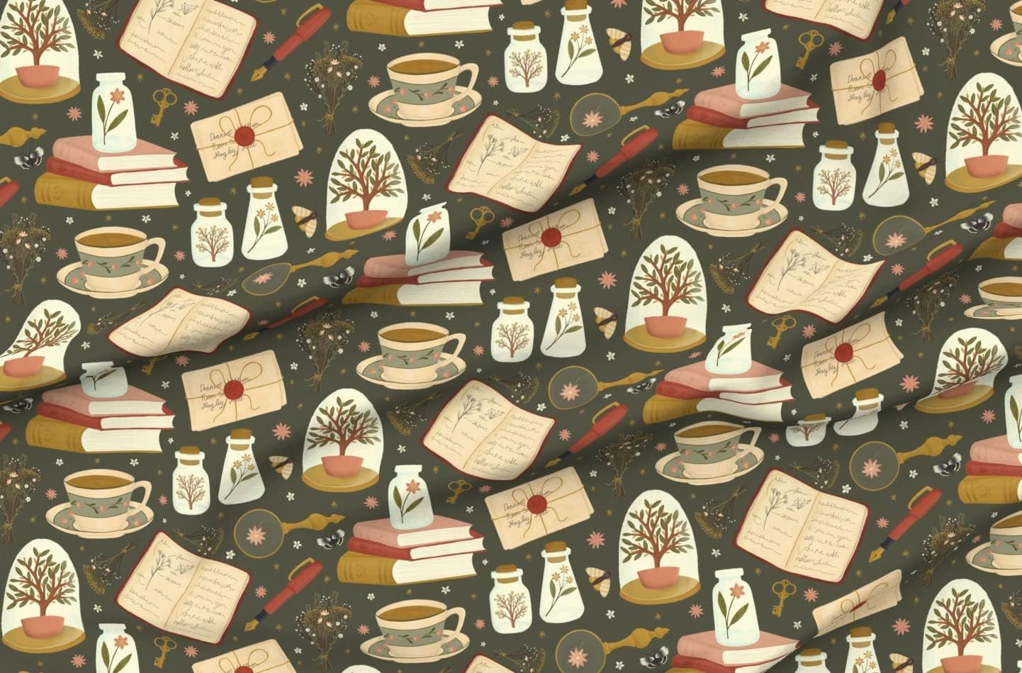 Spoonflower Fabric - Botanical Academia Plants School Witch Spooky Books Printed on Petal Signature Cotton Fabric Fat Quarter - Sewing Quilting Apparel Crafts Decor