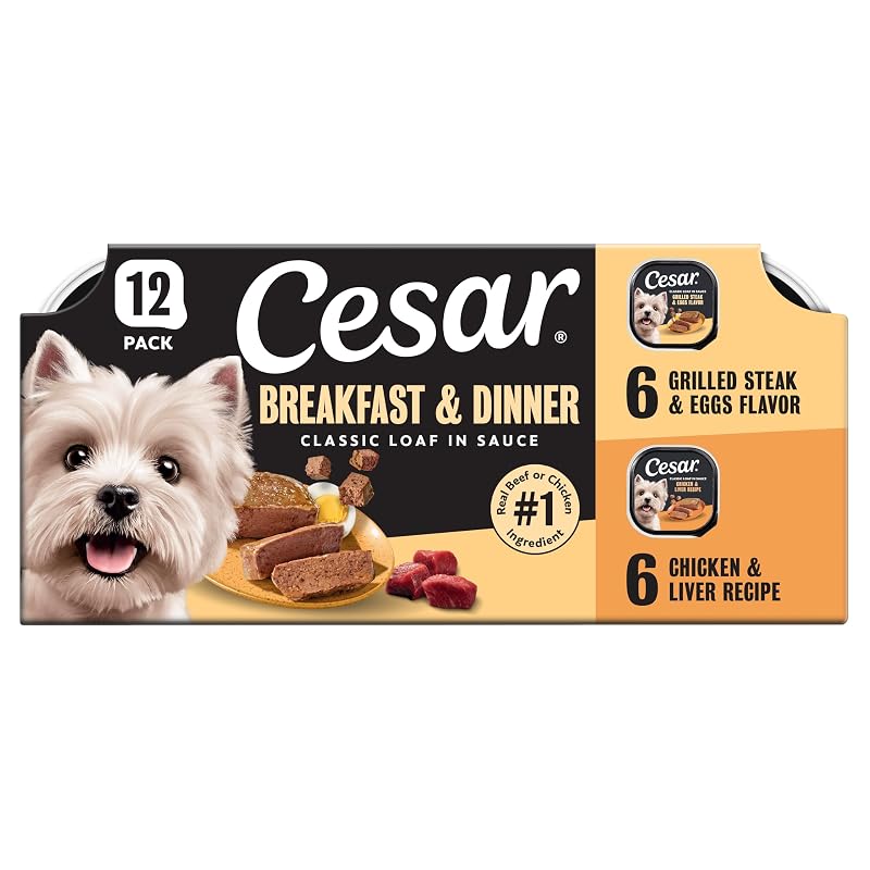Ração úmida Cesar Classic Loaf para Cães Adultos, Sabores Breakfast & Dinner, 12 unidades de 99 g