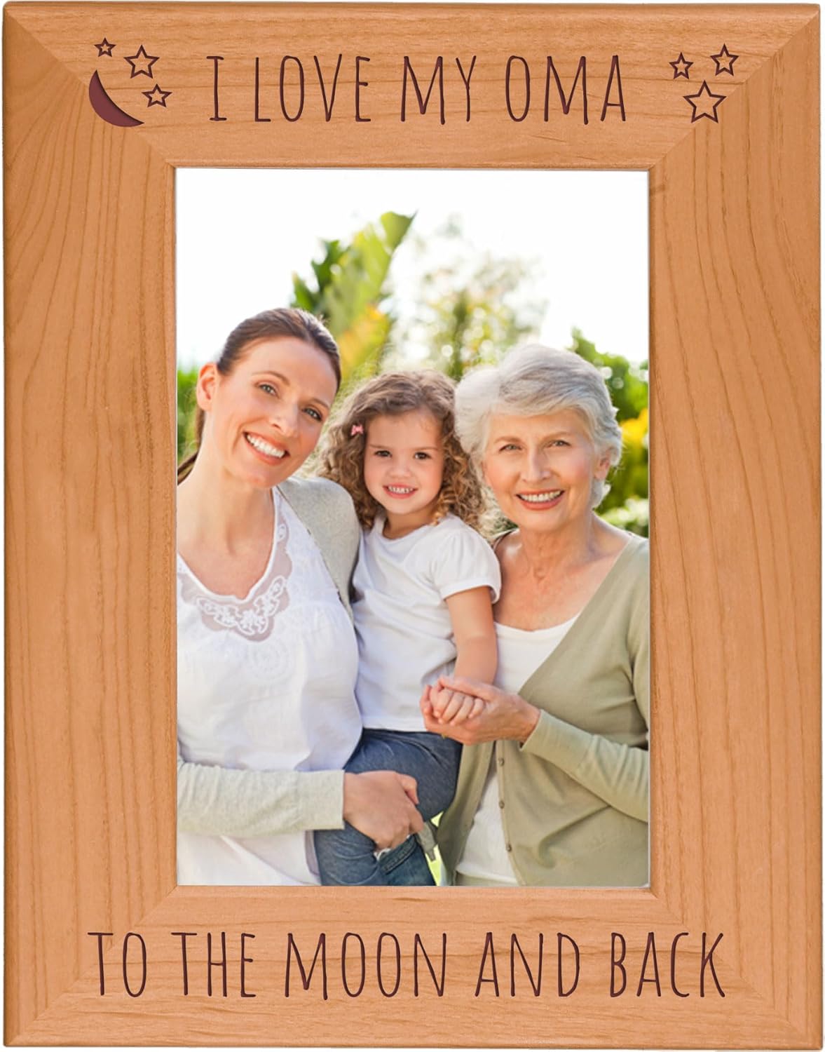CustomGiftsNow I Love My Oma To The Moon And Back - Engraved Natural Alder Wood Hanging/Tabletop Picture Memory Family Memorial Photo Real Wooden Frame