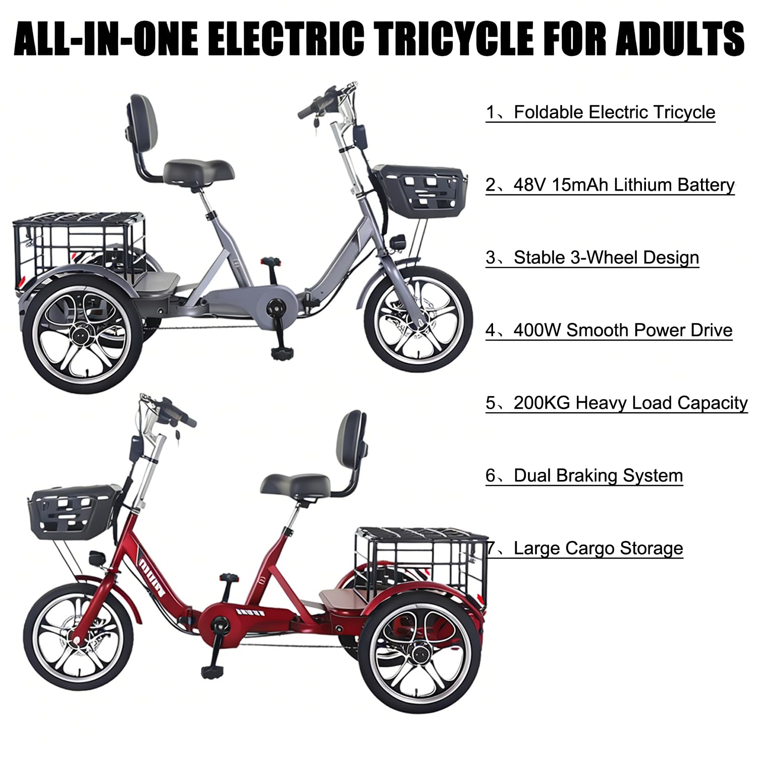 Triciclo elettrico adulti Nuovo Modello 3 ruote stabile, bicicletta elettrica e doppio freno, bici pedalata assistita con cestino capiente, ideale per città, spesa, anziani e trasporto Grey