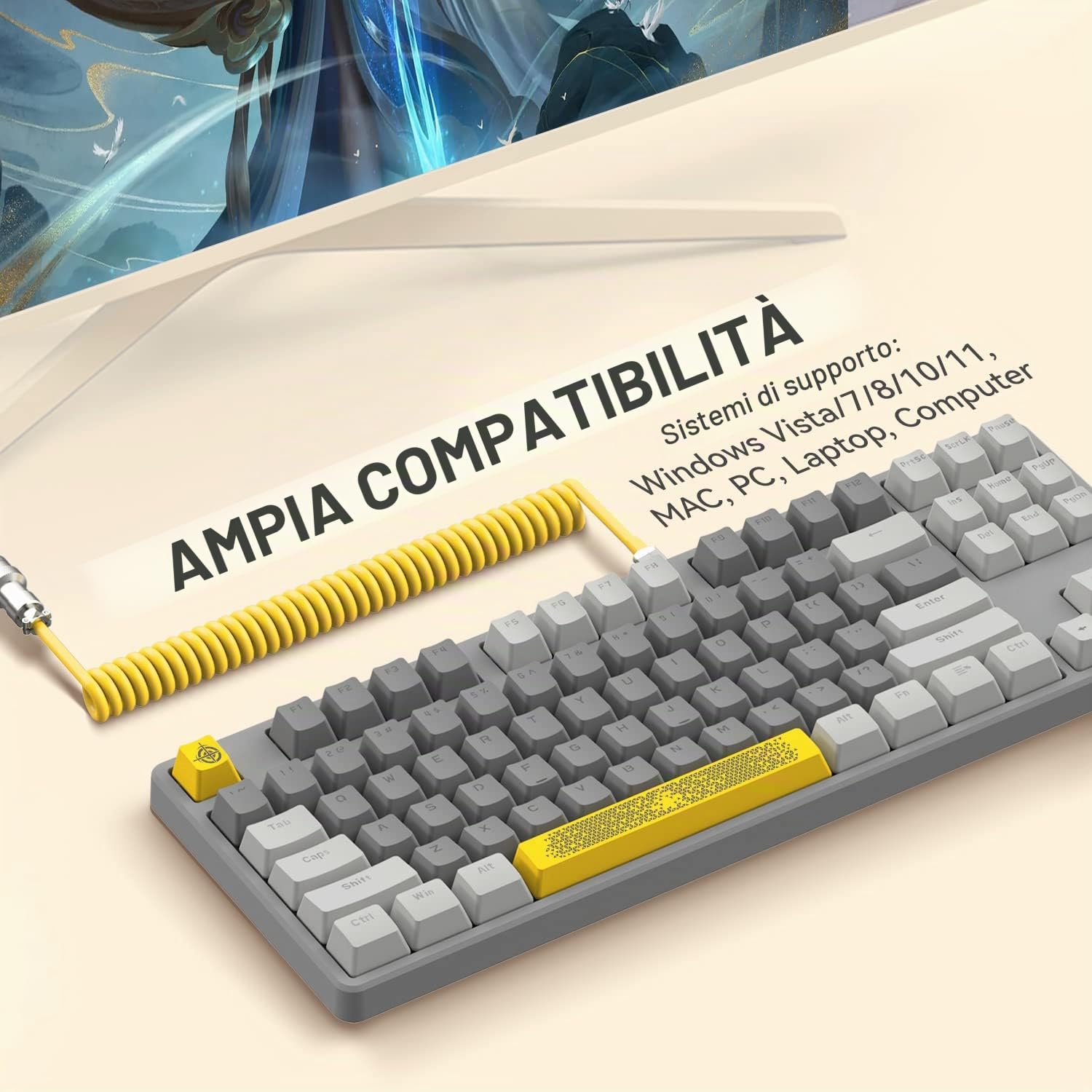 A.JAZZ AK873 Tastiera da Gioco 75%-Tastiera Meccanica con Interruttore Rosso Hot Swappable-Cavo USB C a Spirale-RGB 87 Tasti PBT Keycap-Coperchio Top Magnetico Staccabile per PC/Mac-LightGrey