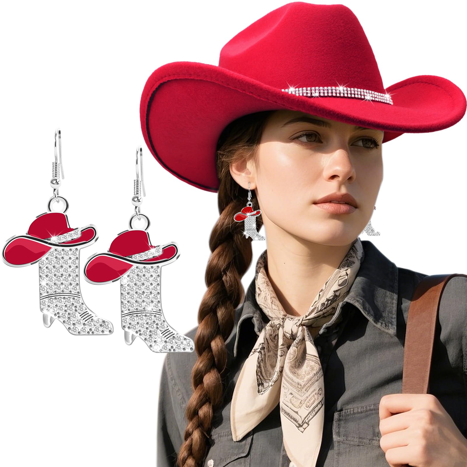 DRESHOW Glitter Cowboy Hat Rhinestone Cowgirl Boots Earrings Set Classic Western Rhinestone Cowgirl Hat Outdoor Wide Brim Retro Felt Fedora Hats Western Earrings for Women